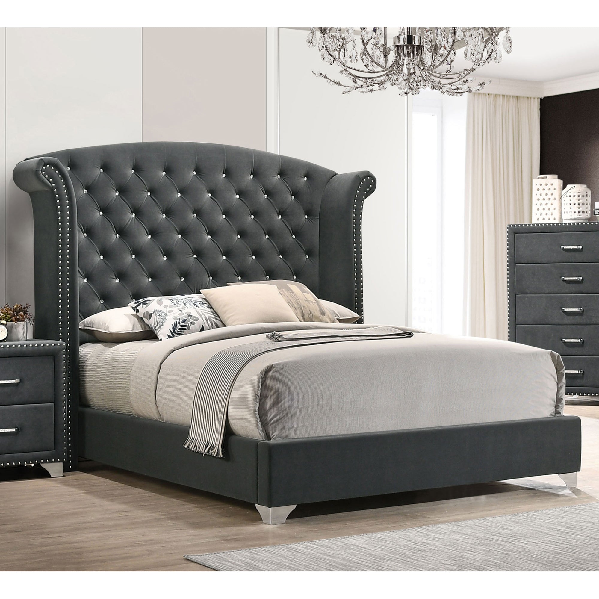 Kennedy Grey Upholstered Queen Wingback Bed | Stylish Comfort