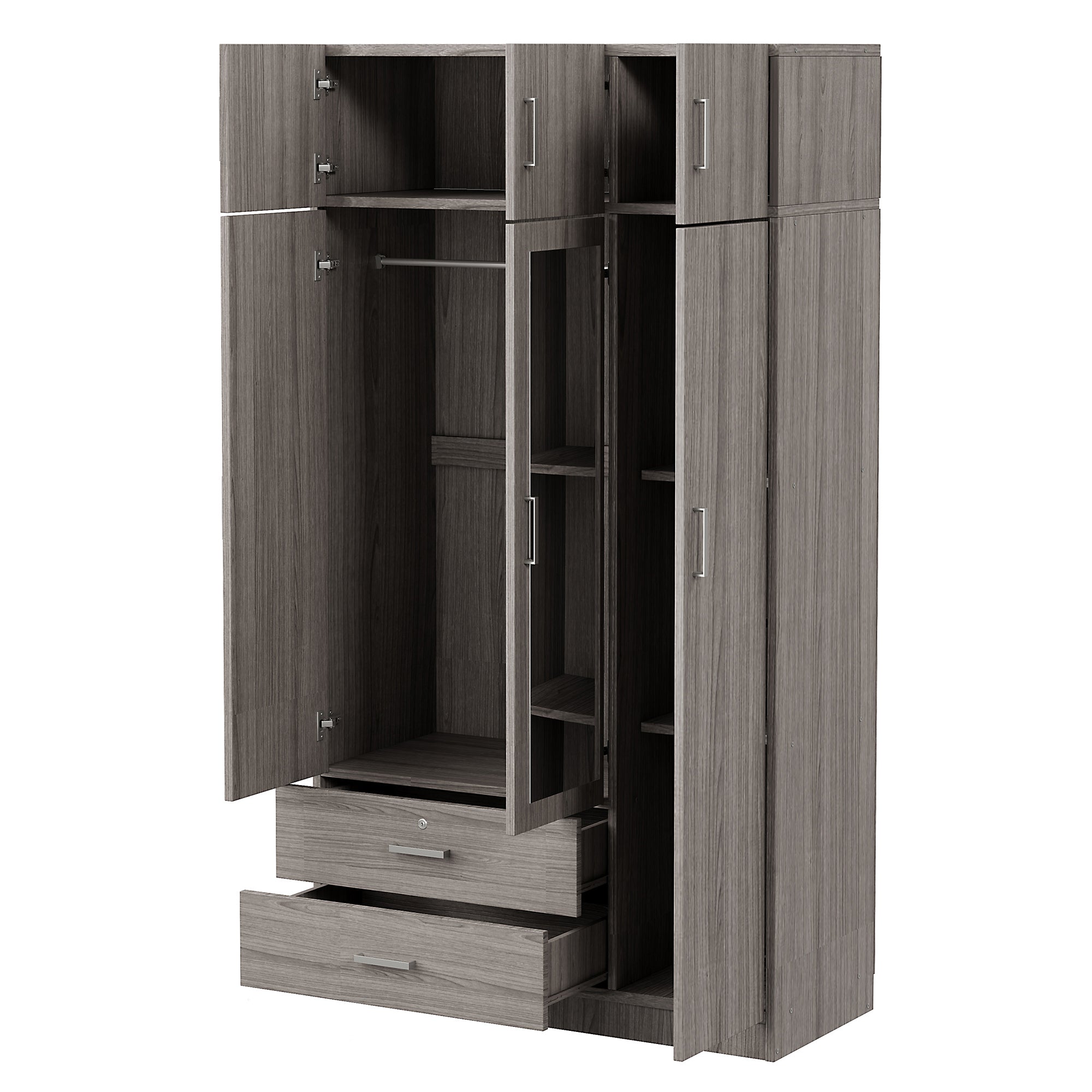 Modern Gray 3-Door Mirror Wardrobe, 2 Drawers & Top Cabinet