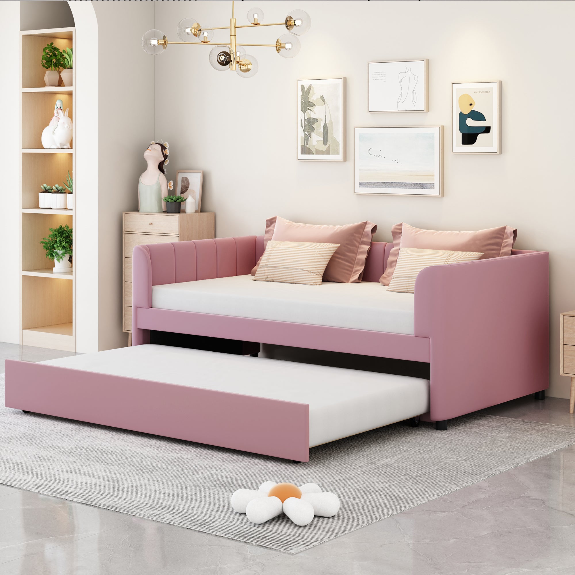 Pink Twin Upholstered Daybed with Trundle & Ergonomic Backrest
