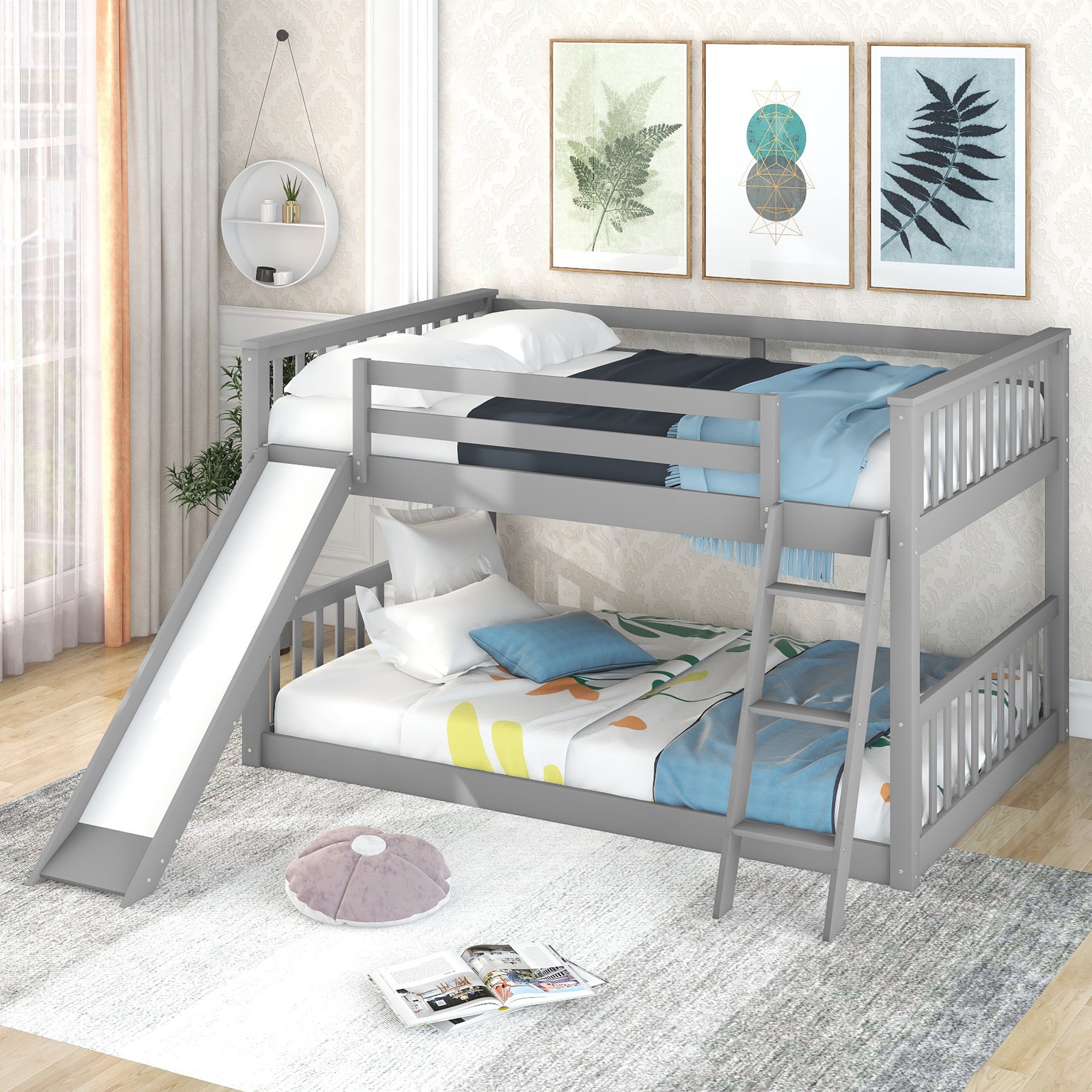 Full over Full Bunk Bed with Convertible Slide & Ladder, Gray