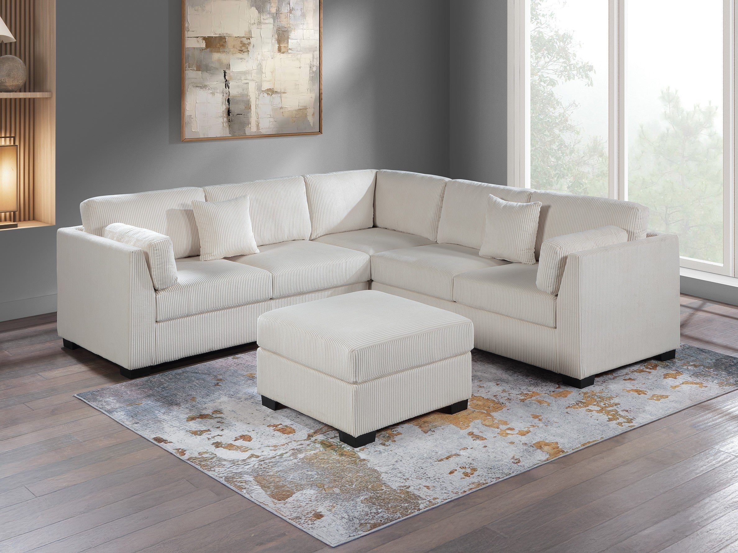 4pc Beige Corduroy L-Sectional Sofa Set w/ Ottoman, Pillows