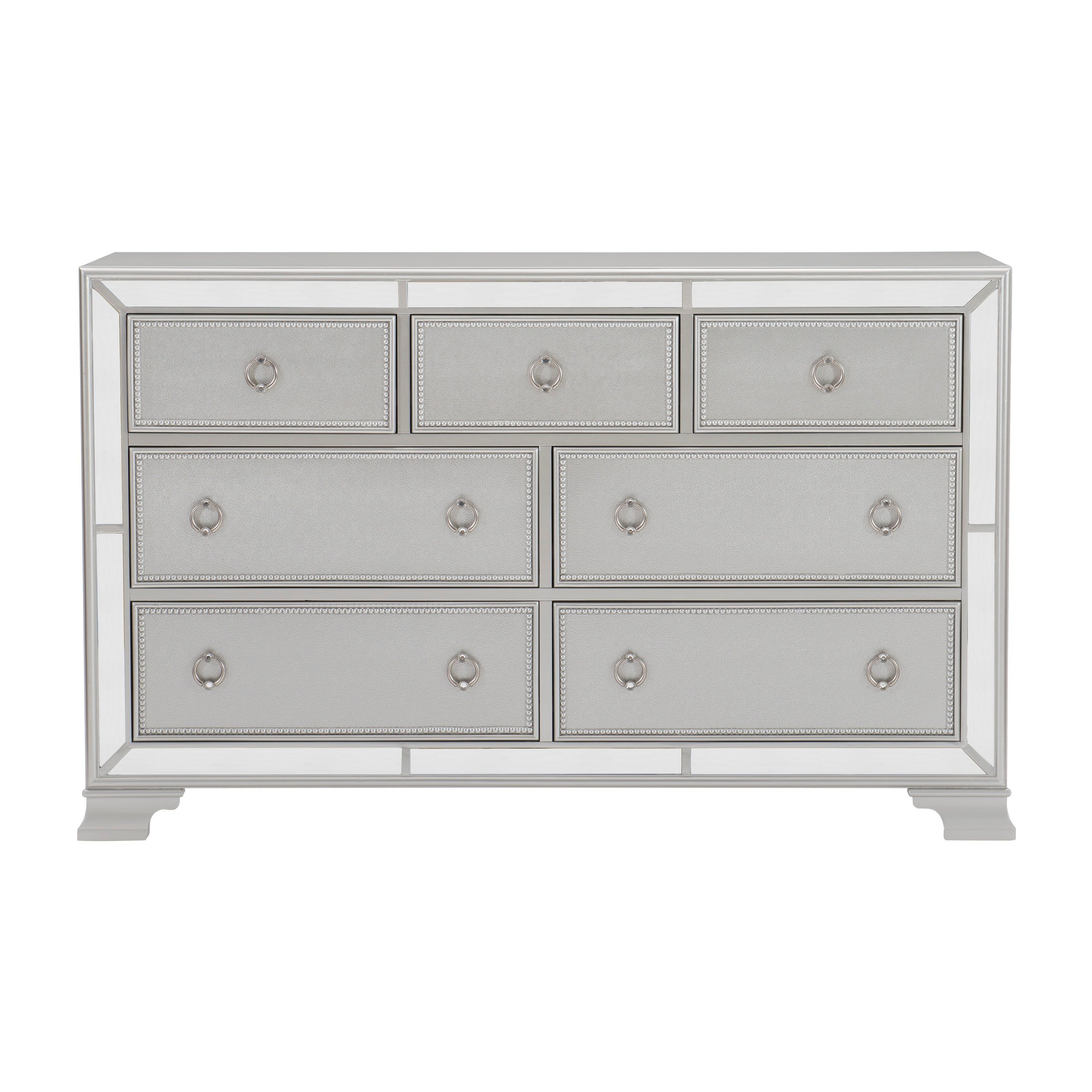 Glamorous Silver 7-Drawer Dresser w/ Mirror Trim Modern