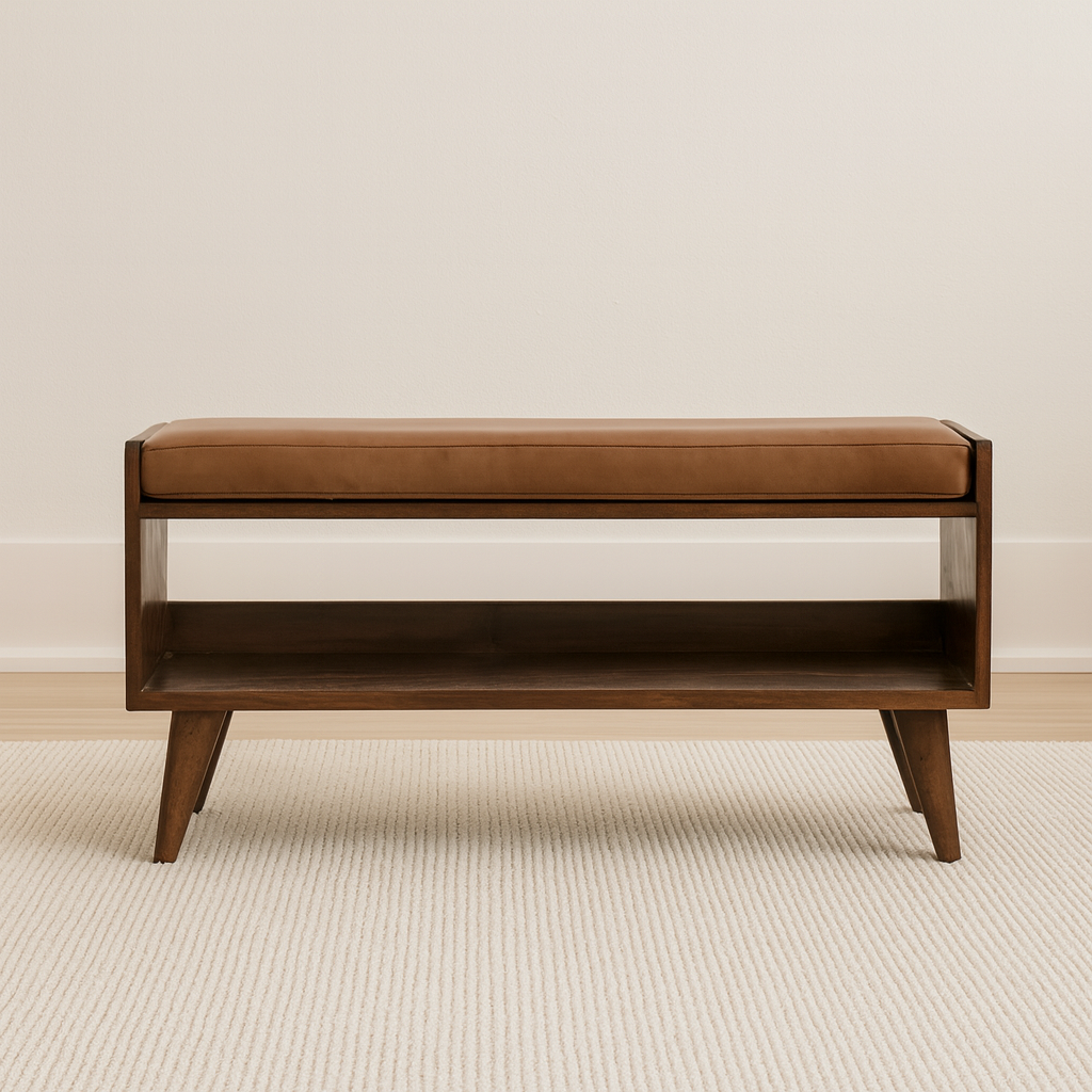 Solid Chestnut Bench: Leather Pad, Nordic Legs, Tan Brown