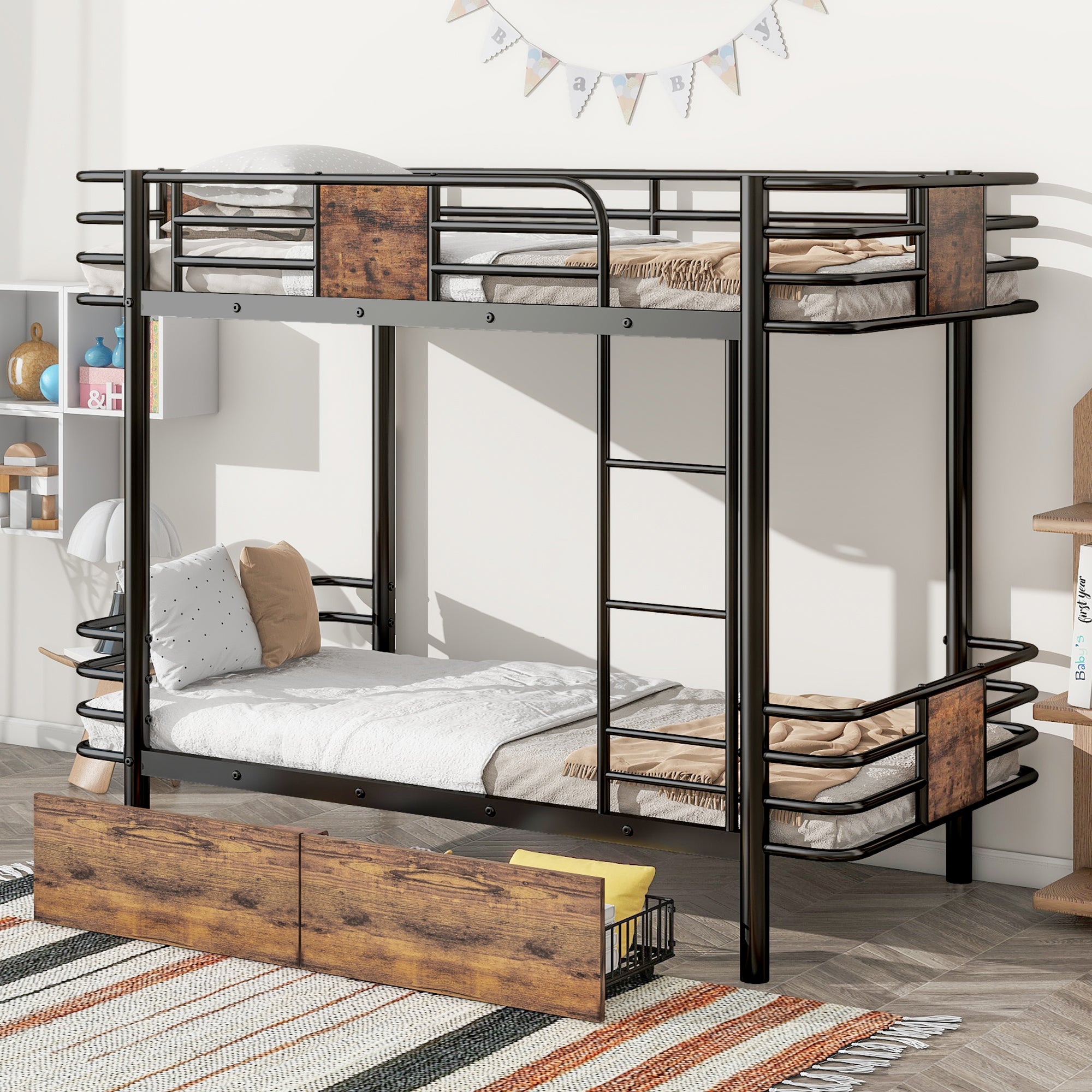 Black Twin XL over Twin XL Metal Bunk Bed w/ MDF Guardrail, 2 Drawers