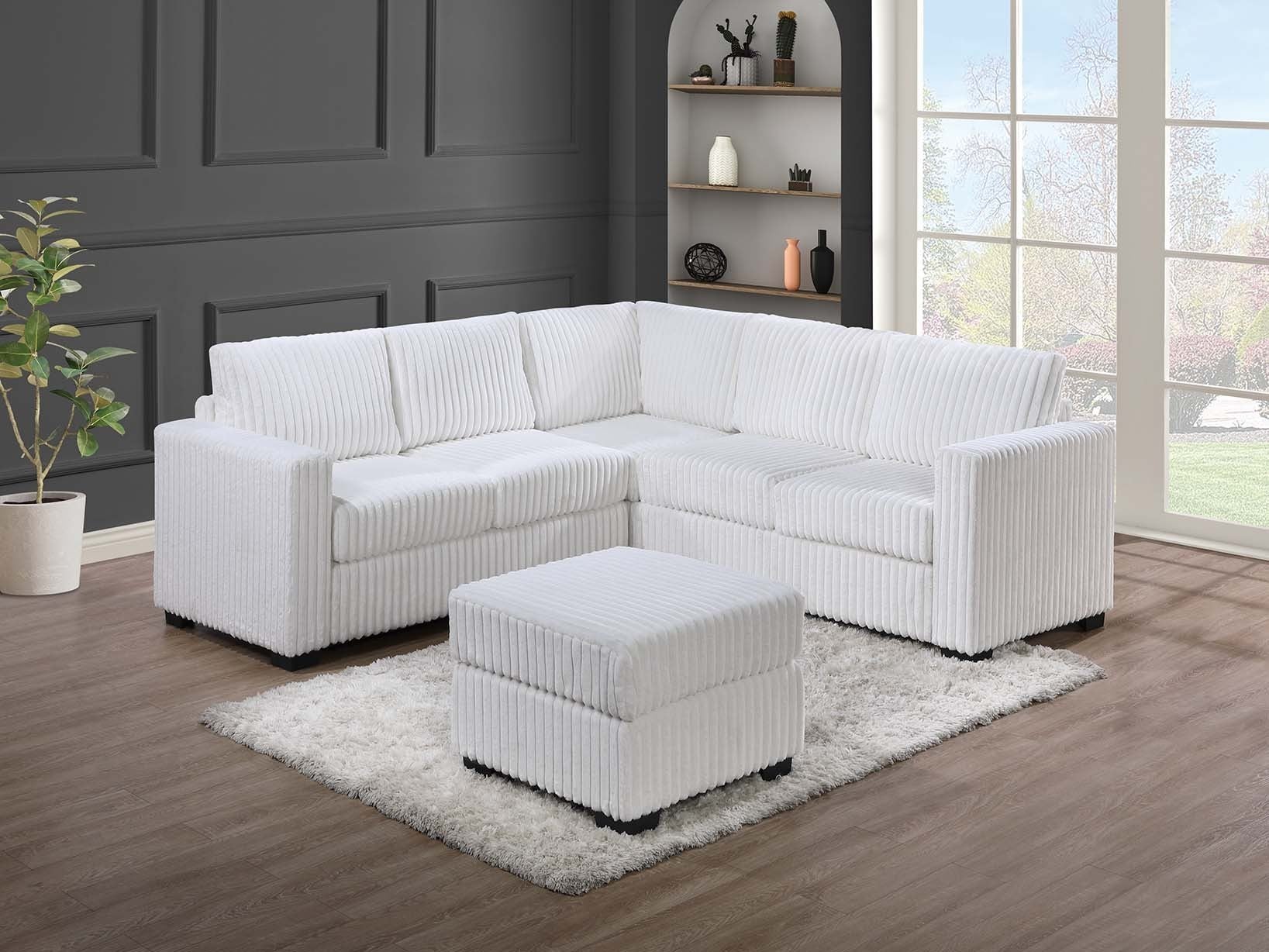 Plush Milk Corduroy 4-Pc Sectional Sofa with Ottoman