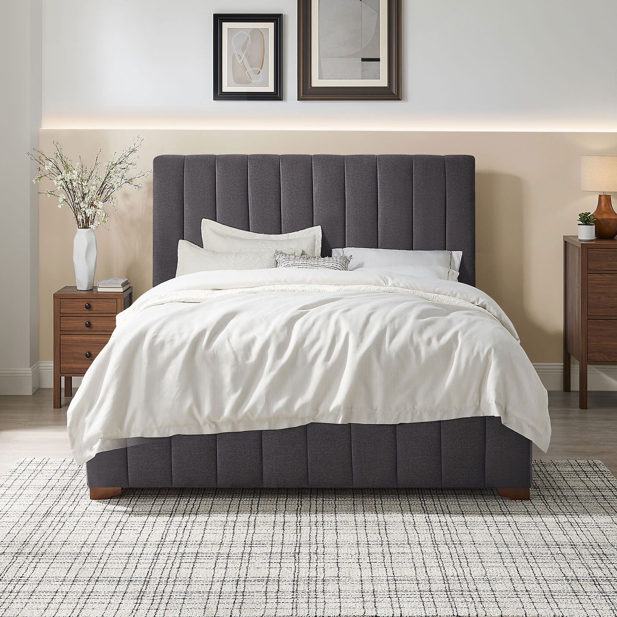 Queen Modern Upholstered Bed Frame, Headboard, Dark Grey, No Box Spring