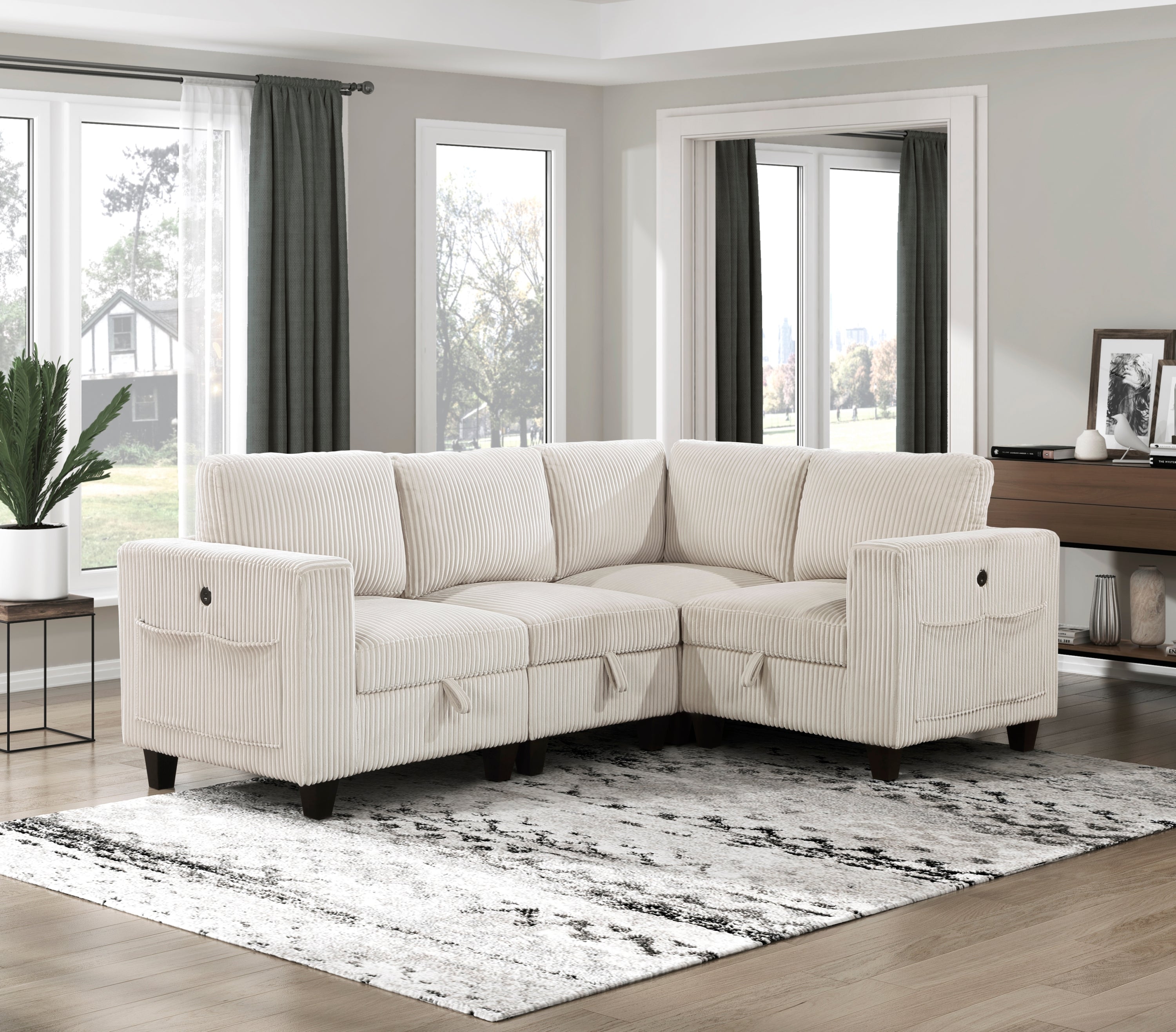 Beige Corduroy Modular Sectional: Storage, Charging Ports