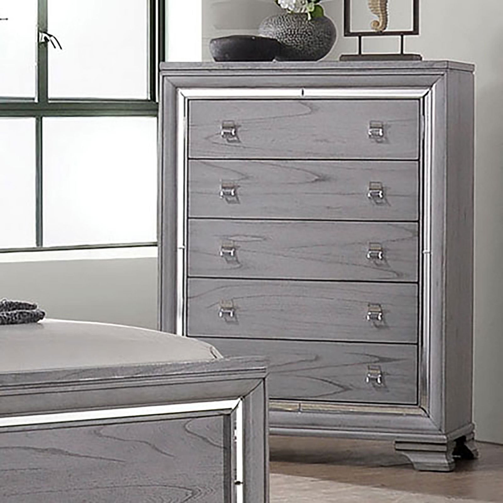 Contemporary Light Gray 5-Drawer Chest Mirror Dovetail Glides