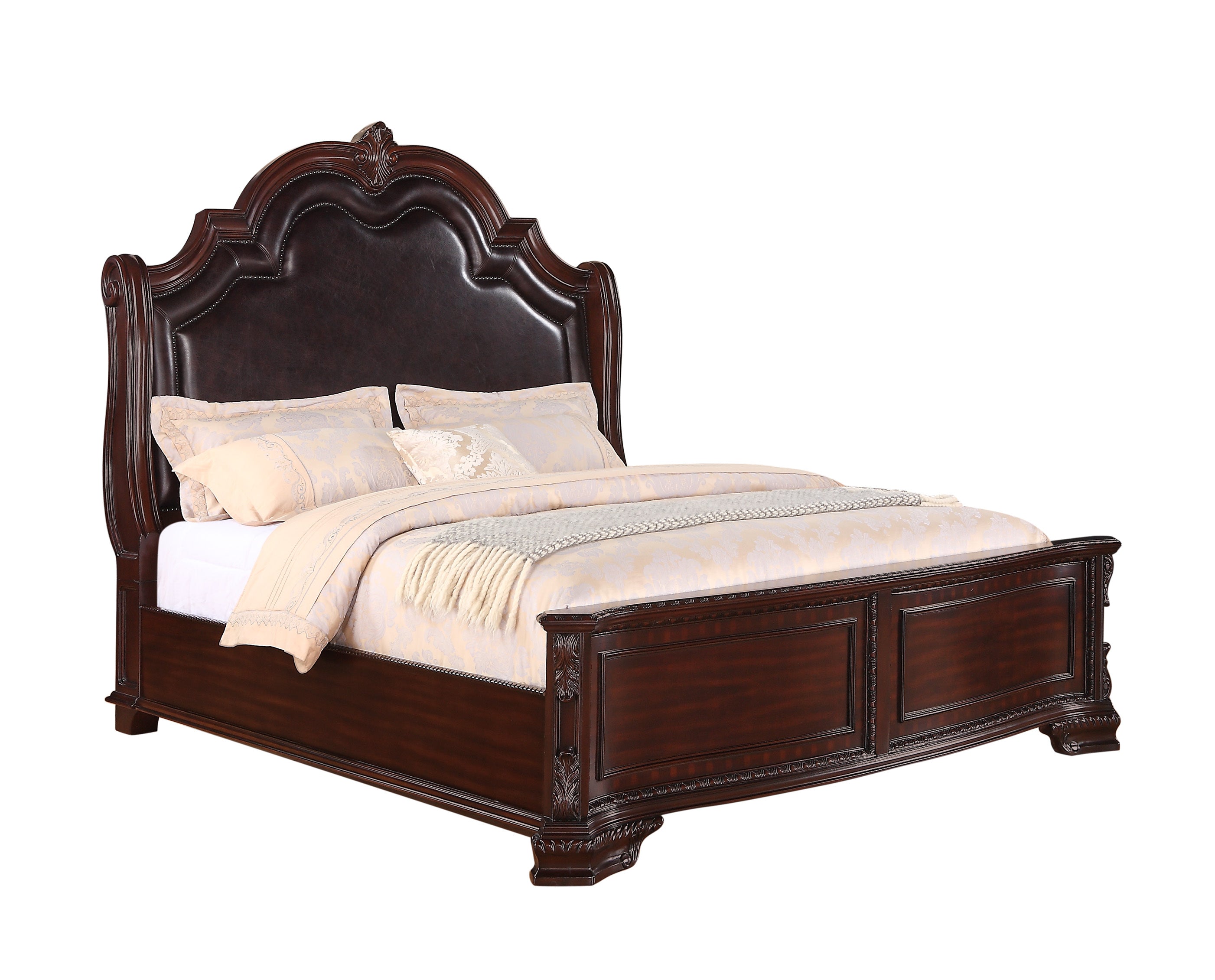Traditional Espresso Tufted Upholstered King Bed with Nailhead Trim