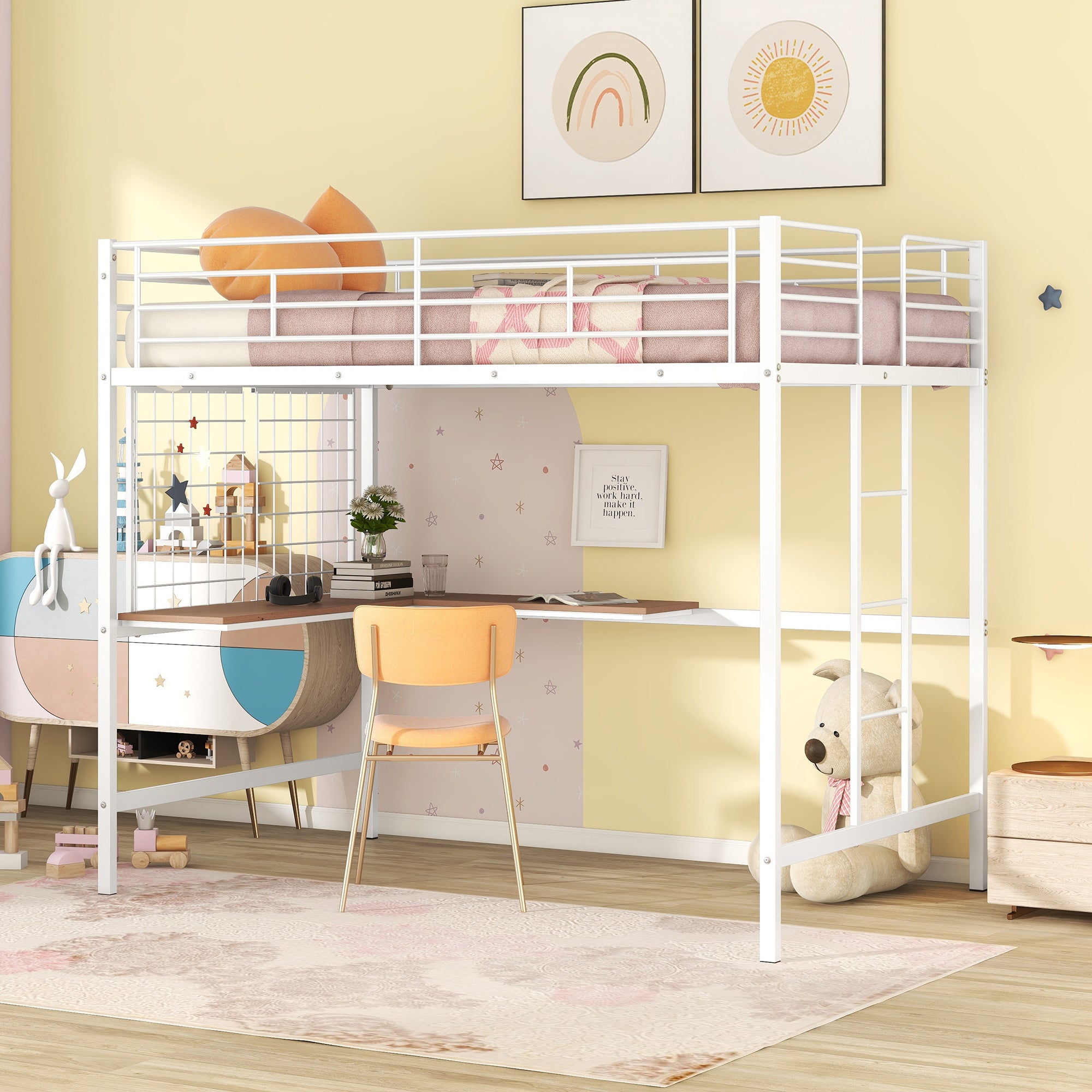 White Full Metal Loft Bed with Desk & Metal Grid - Space-Saving Design