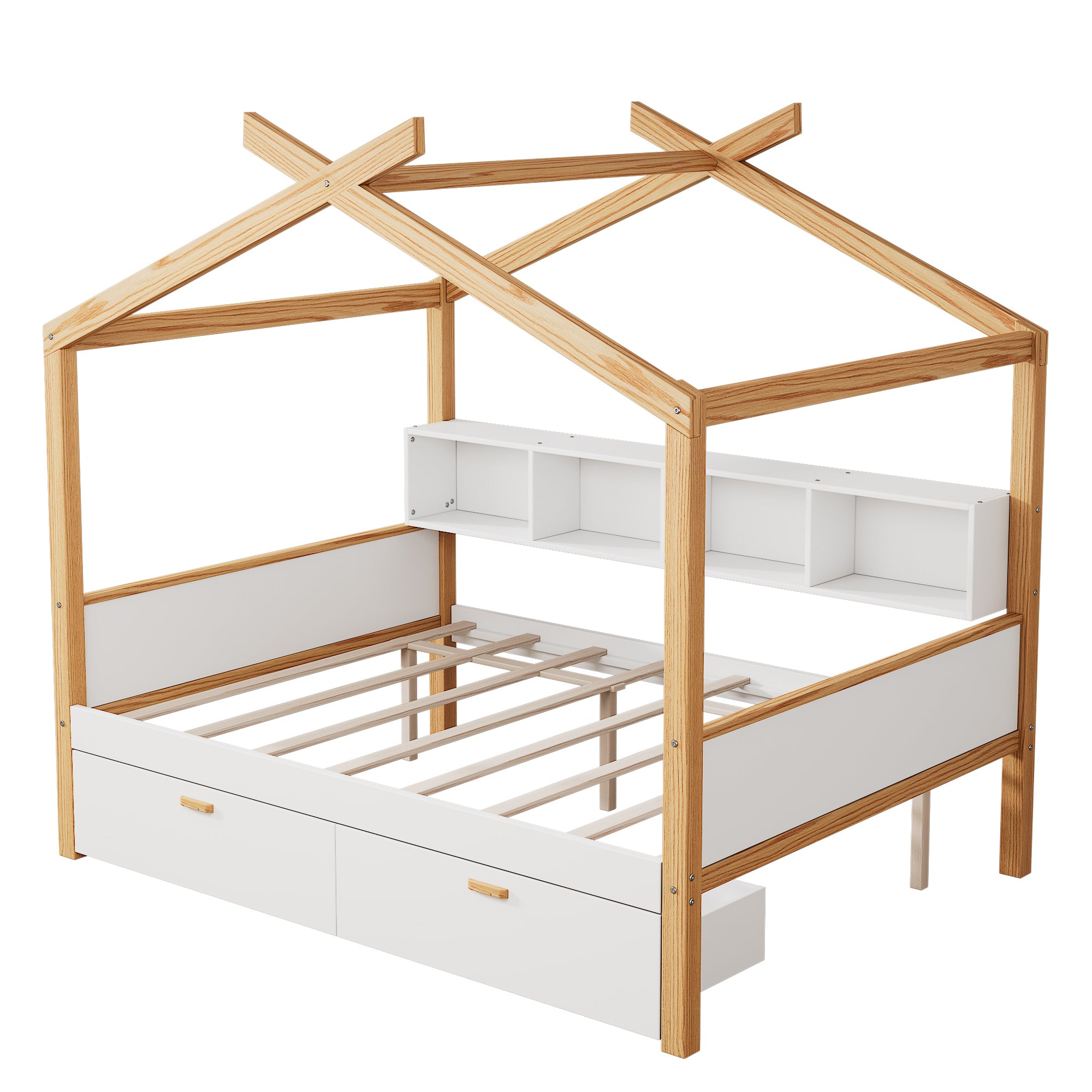 White Children's House Bed: Natural Wood Frame, Drawers, Bookshelves