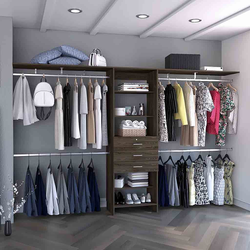 Plego Dark Walnut Closet System: 5 Shelves, 4 Rods, 3 Drawers