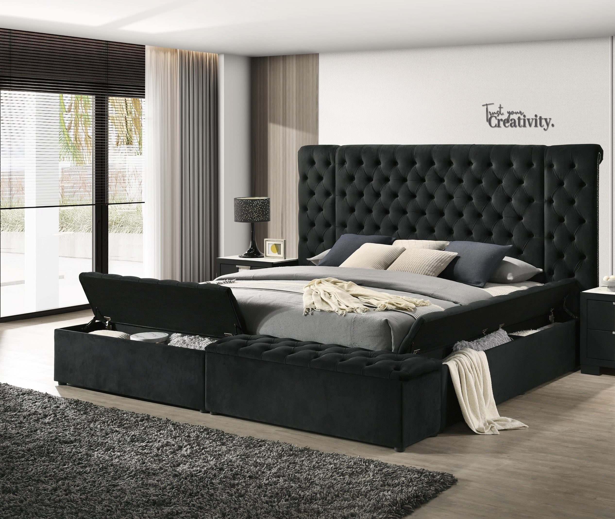 Luxurious Contemporary Black King Bed Tufted Headboard Storage