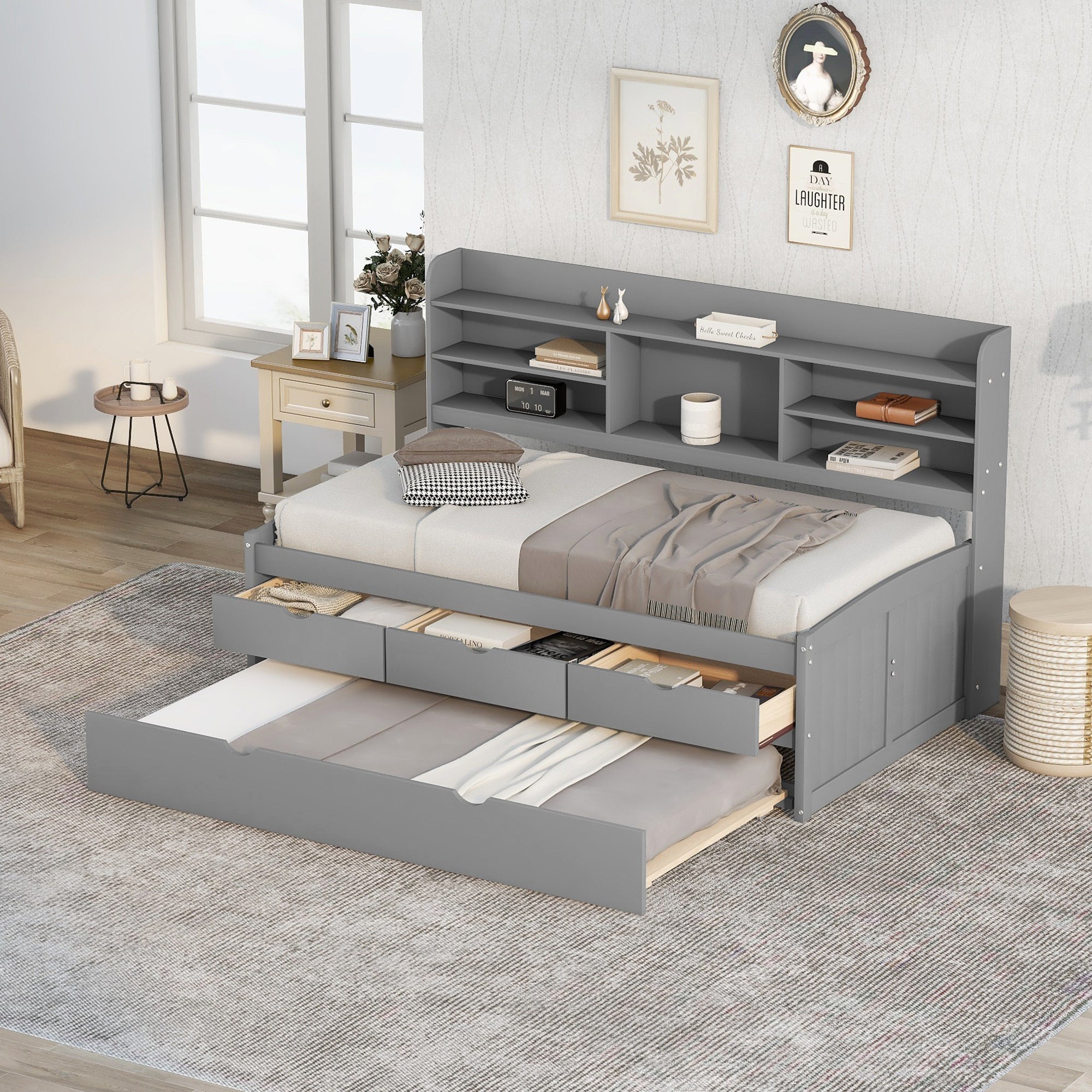 Twin Wooden Captain Bed: Bookshelves, 3 Drawers & Trundle - Light Grey