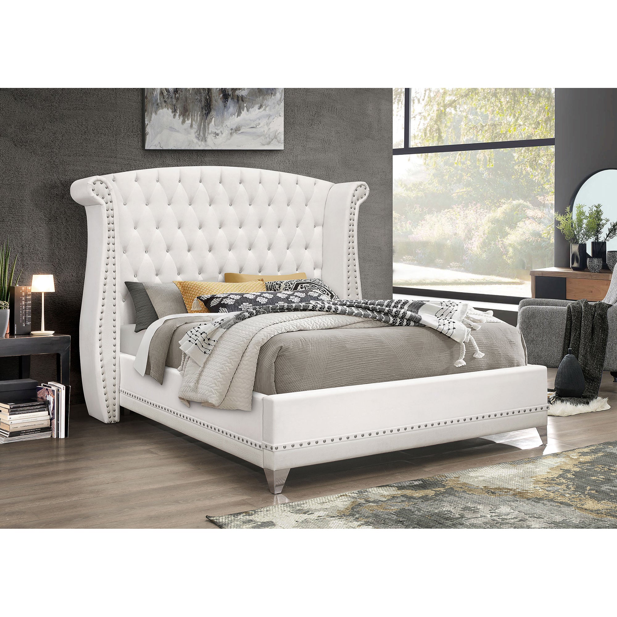 Barzini White Upholstered Eastern King Wingback Bed - Luxury Style