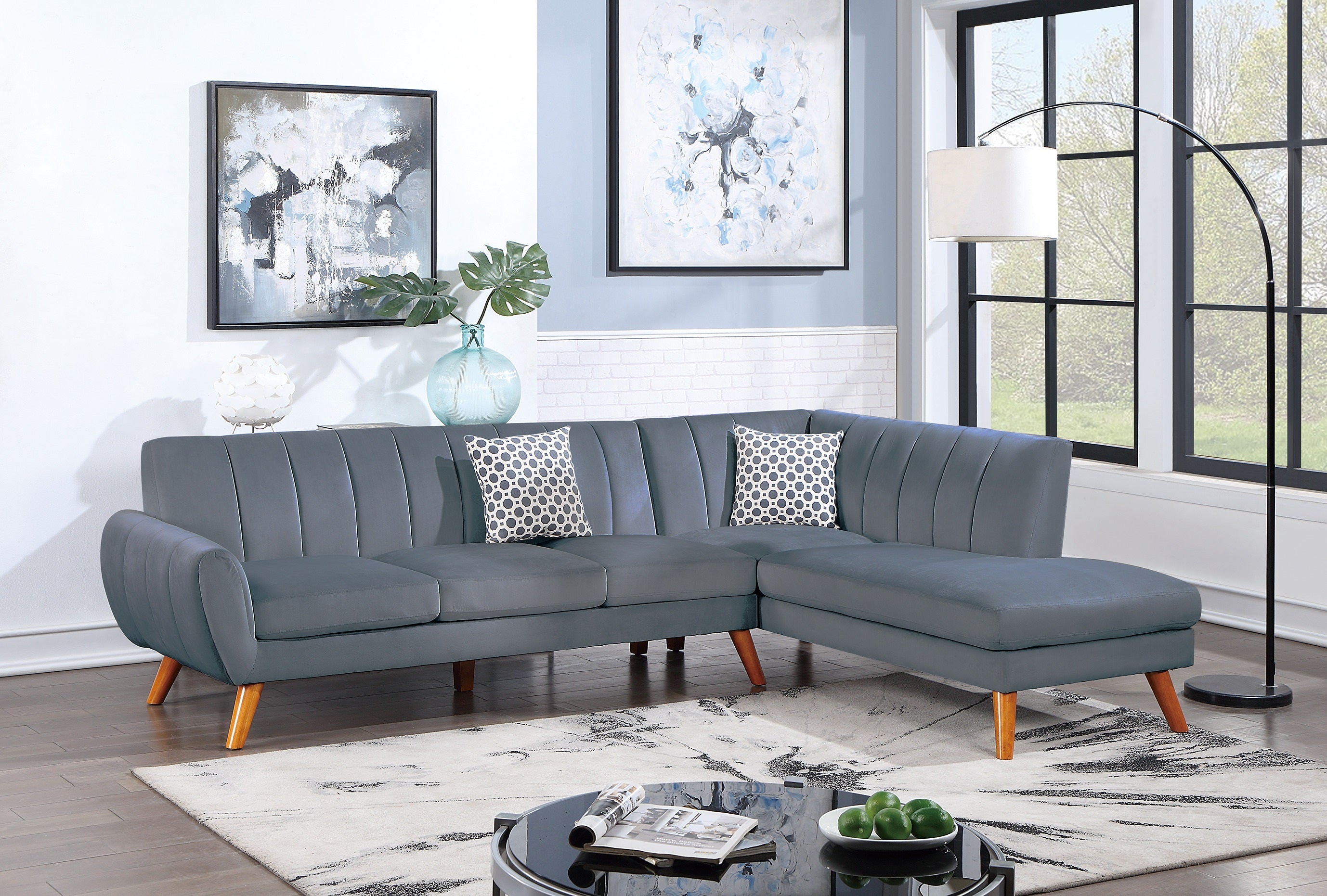 Dark Gray Velvet Contemporary 2-Pc Sectional Sofa