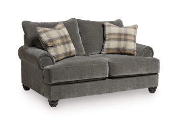 Tallow Creek gray loveseat with square arms and three plaid throw pillows