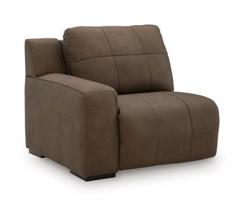 Russet upholstered recliner chair with padded arms and high back cushion