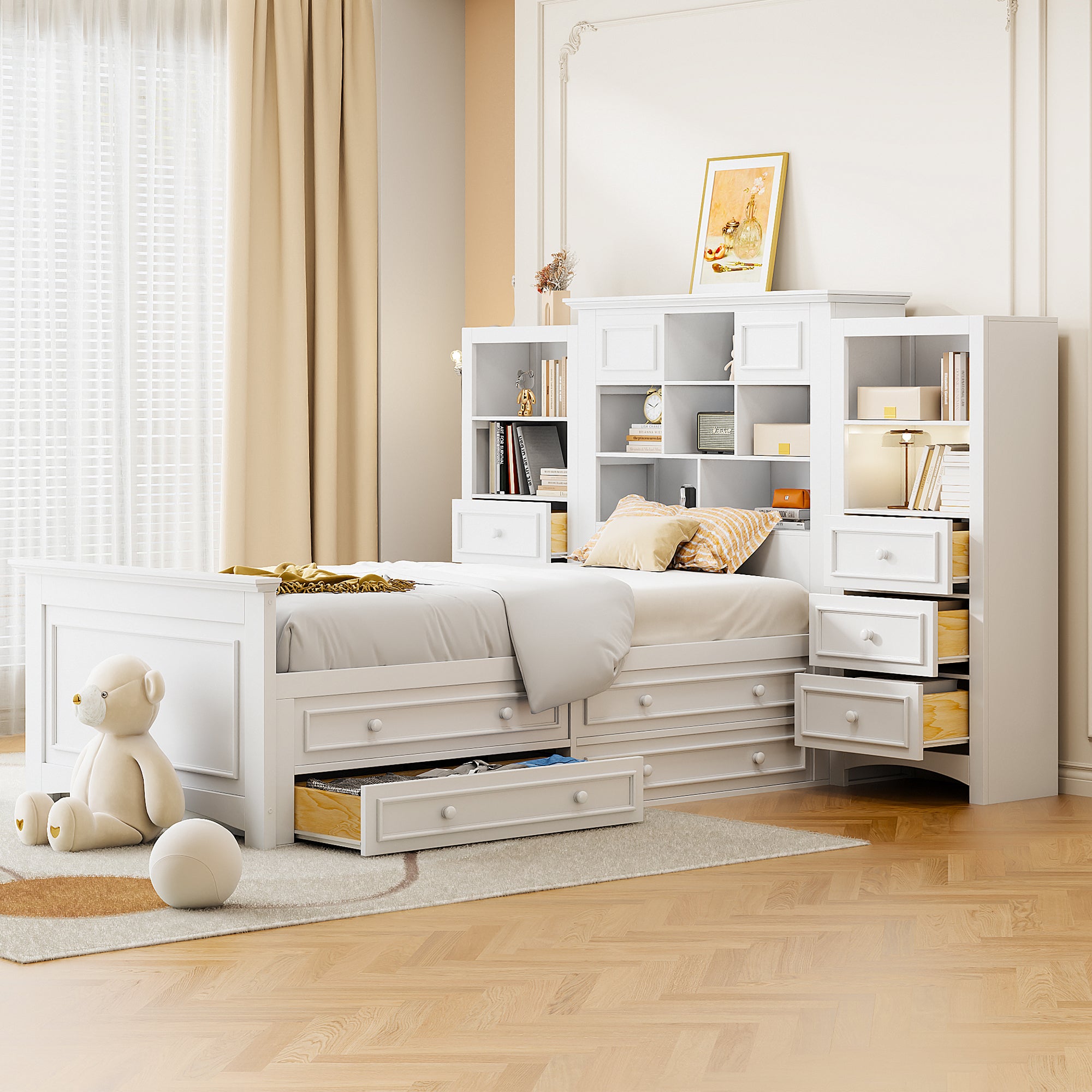 Twin Wood Platform Bed with Vertical Cabinet, 8 Drawers, White Storage