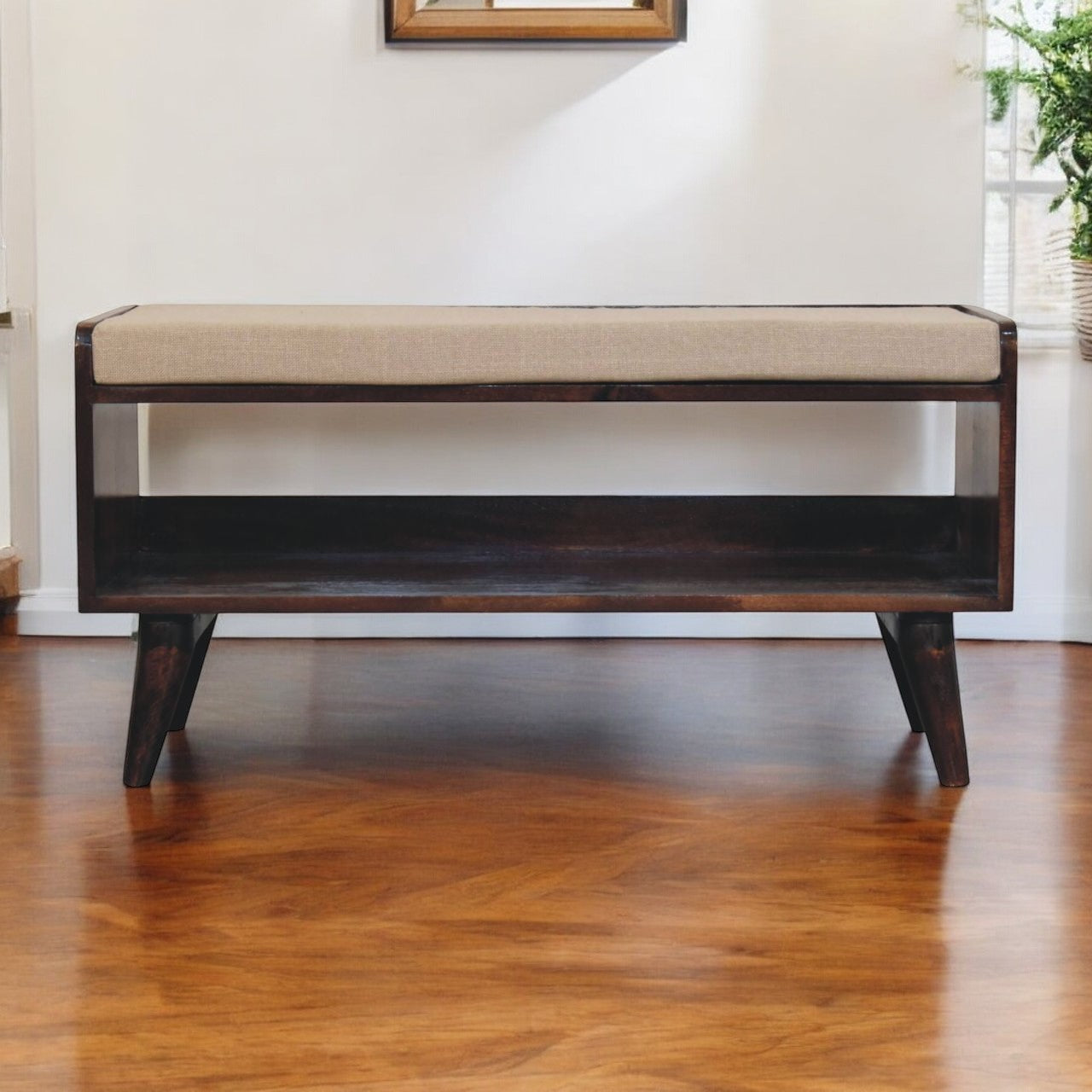 Solid California Walnut Bench Upholstered, Nordic Legs, Storage