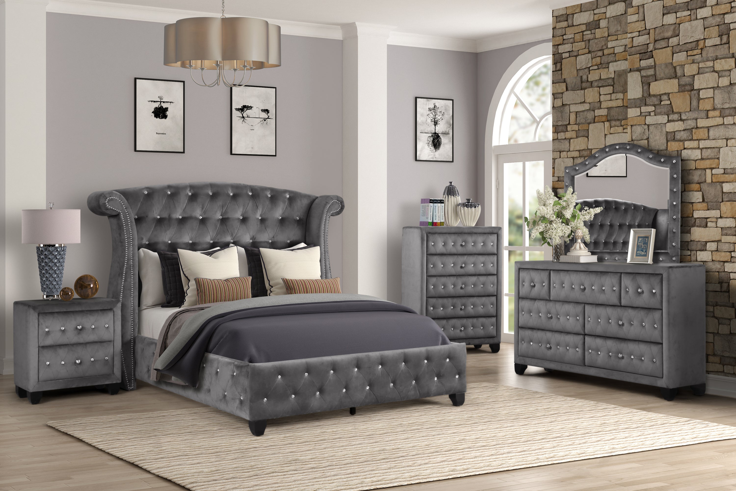 Queen Gray Wood 5 Pc Upholstered Bedroom Set