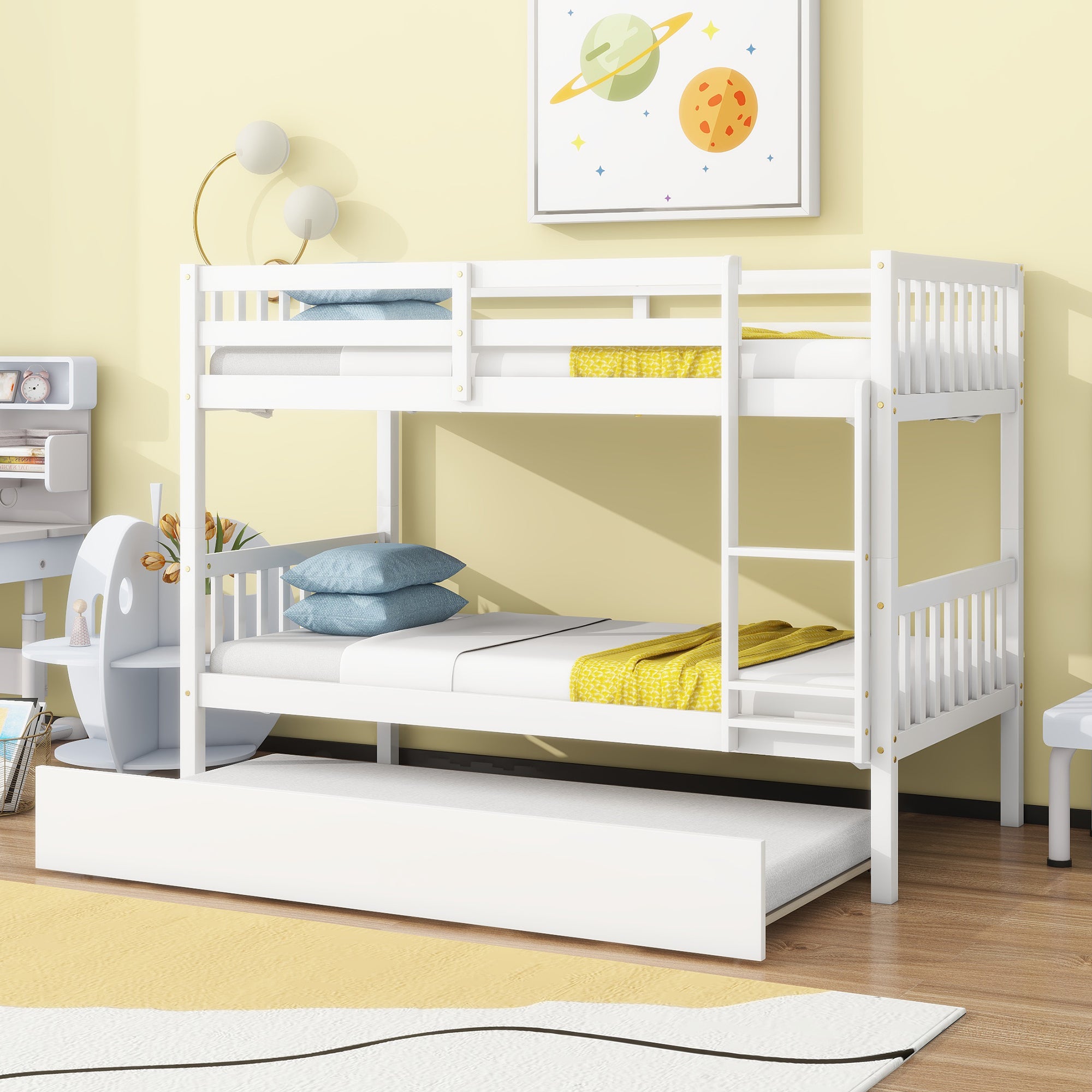 White Twin Bunk Bed with Trundle & Ladder - Convertible Wood Bunk Bed
