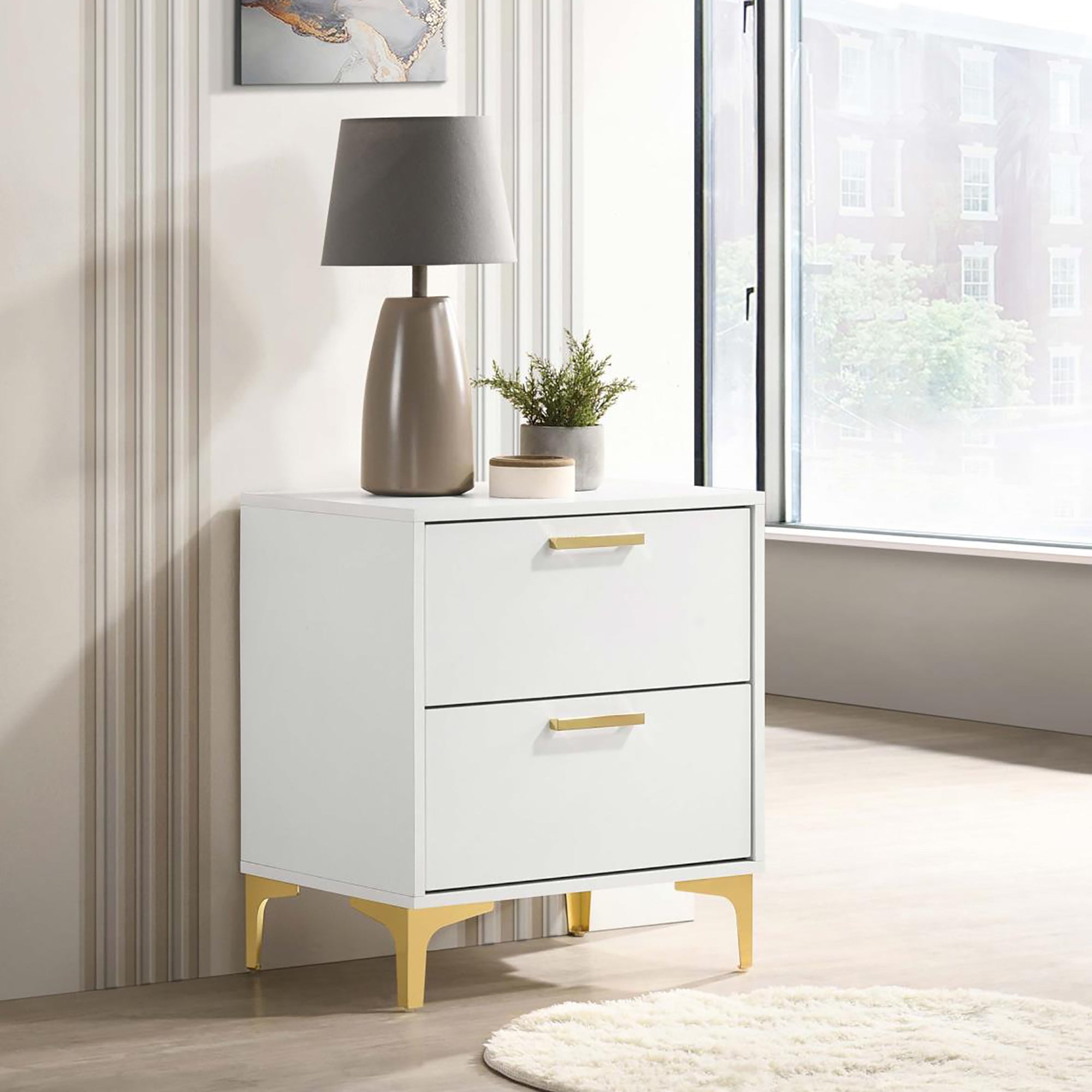 White Gold 2-Drawer Rectangular Nightstand - Elegant Bedroom Furniture