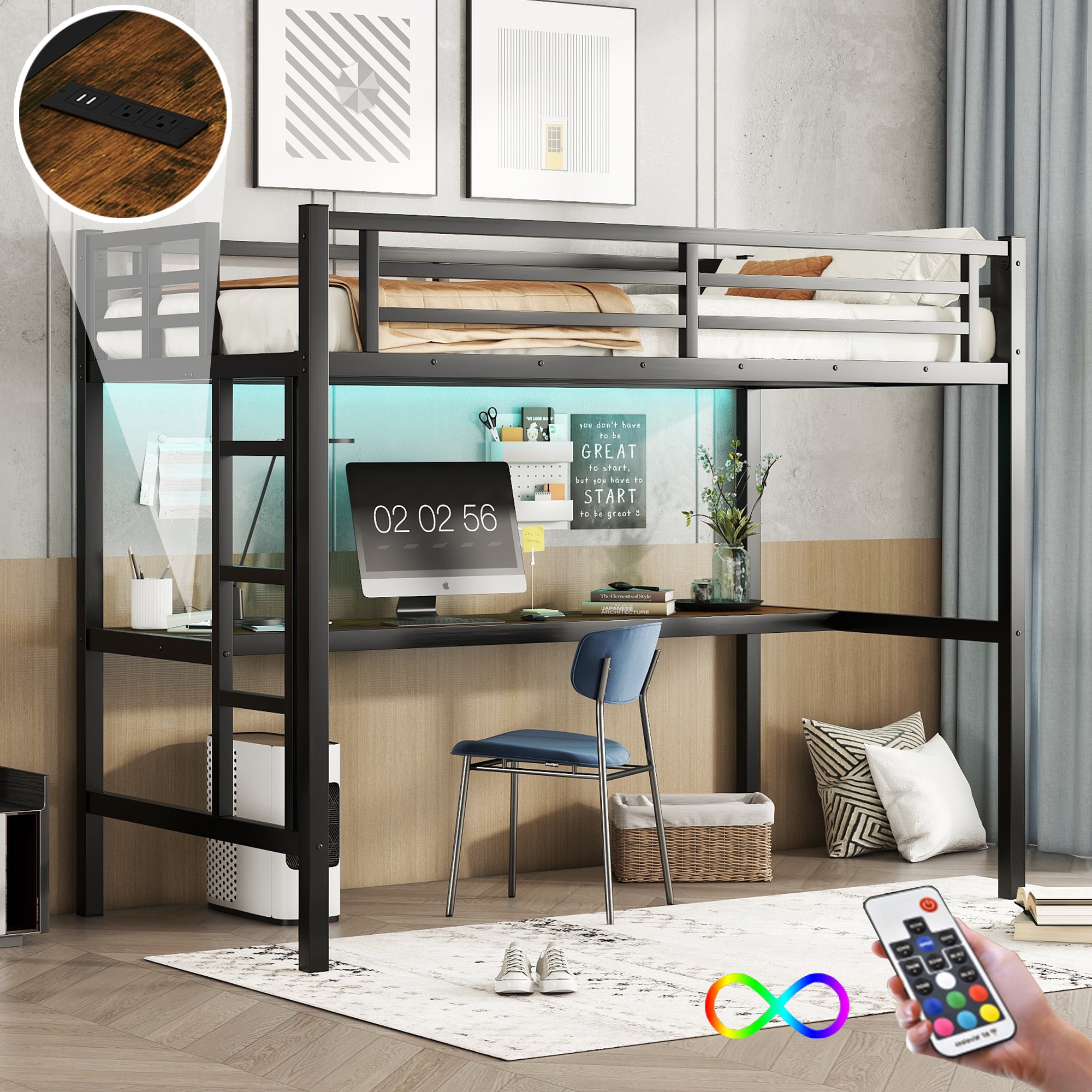 Metal Twin XL Loft Bed w/ Outlets & LED Lights