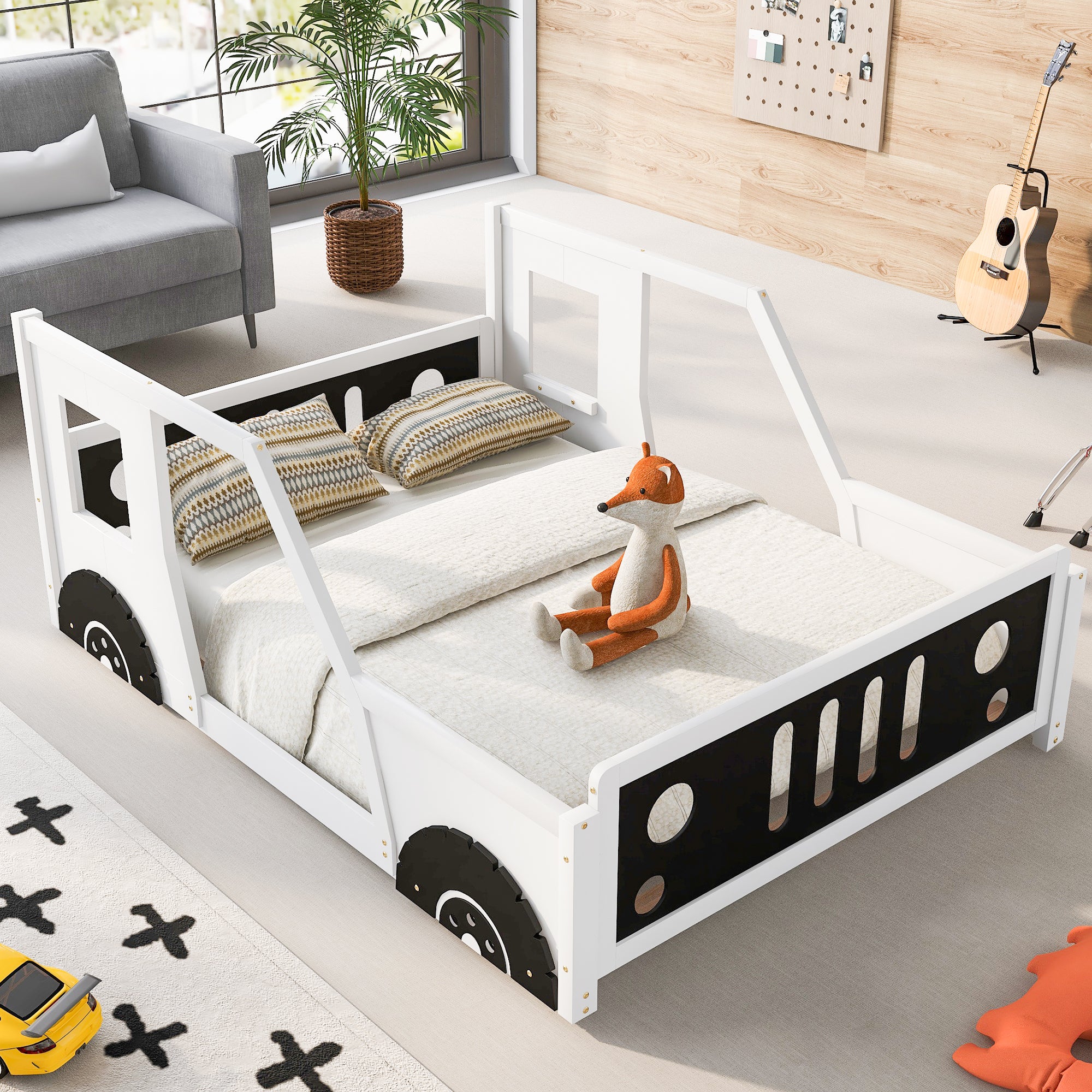 Full Size White Classic Car Shaped Platform Bed Frame with Rolling Wheels