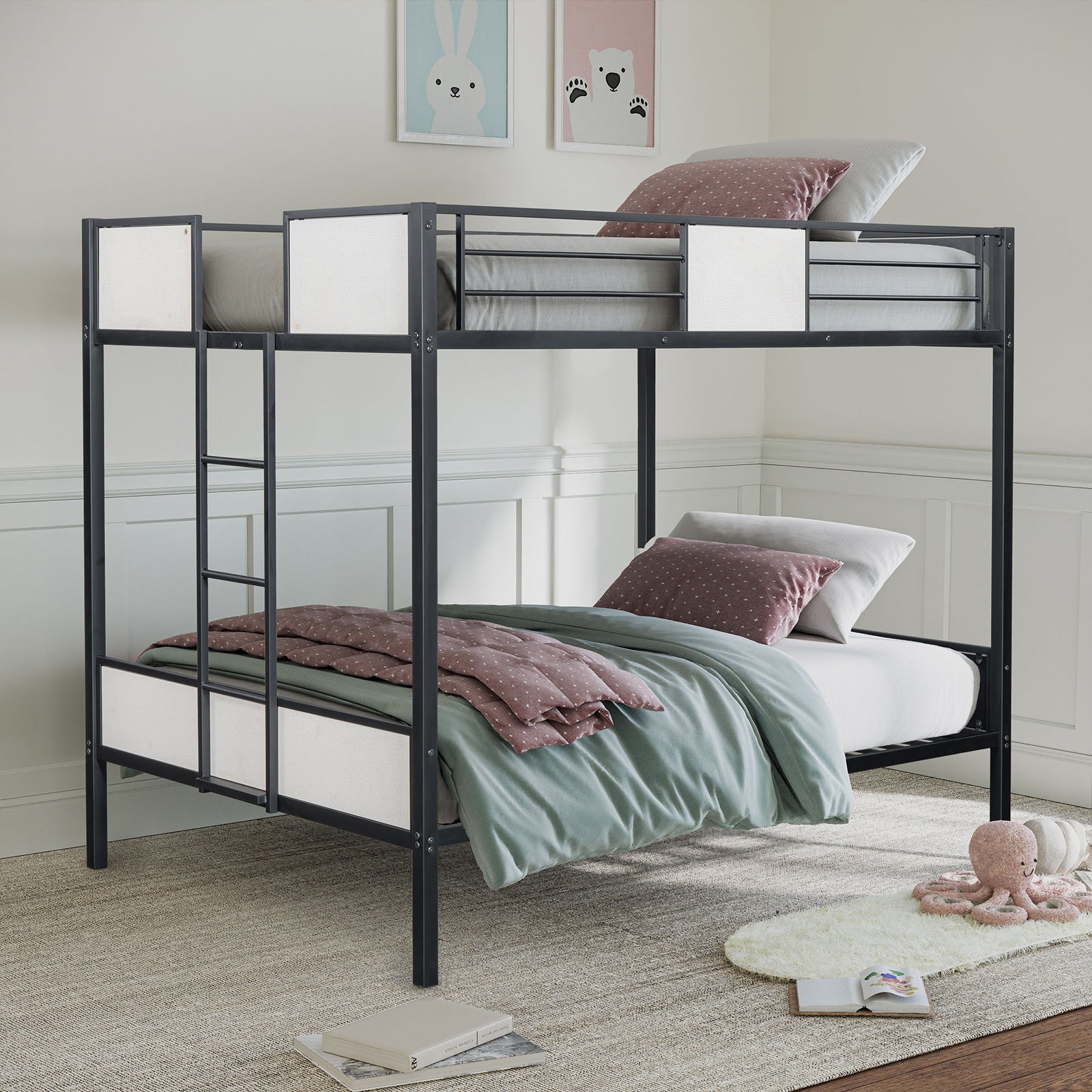 Full Over Full Metal Bunk Bed - Contemporary Black Finish with Ladder