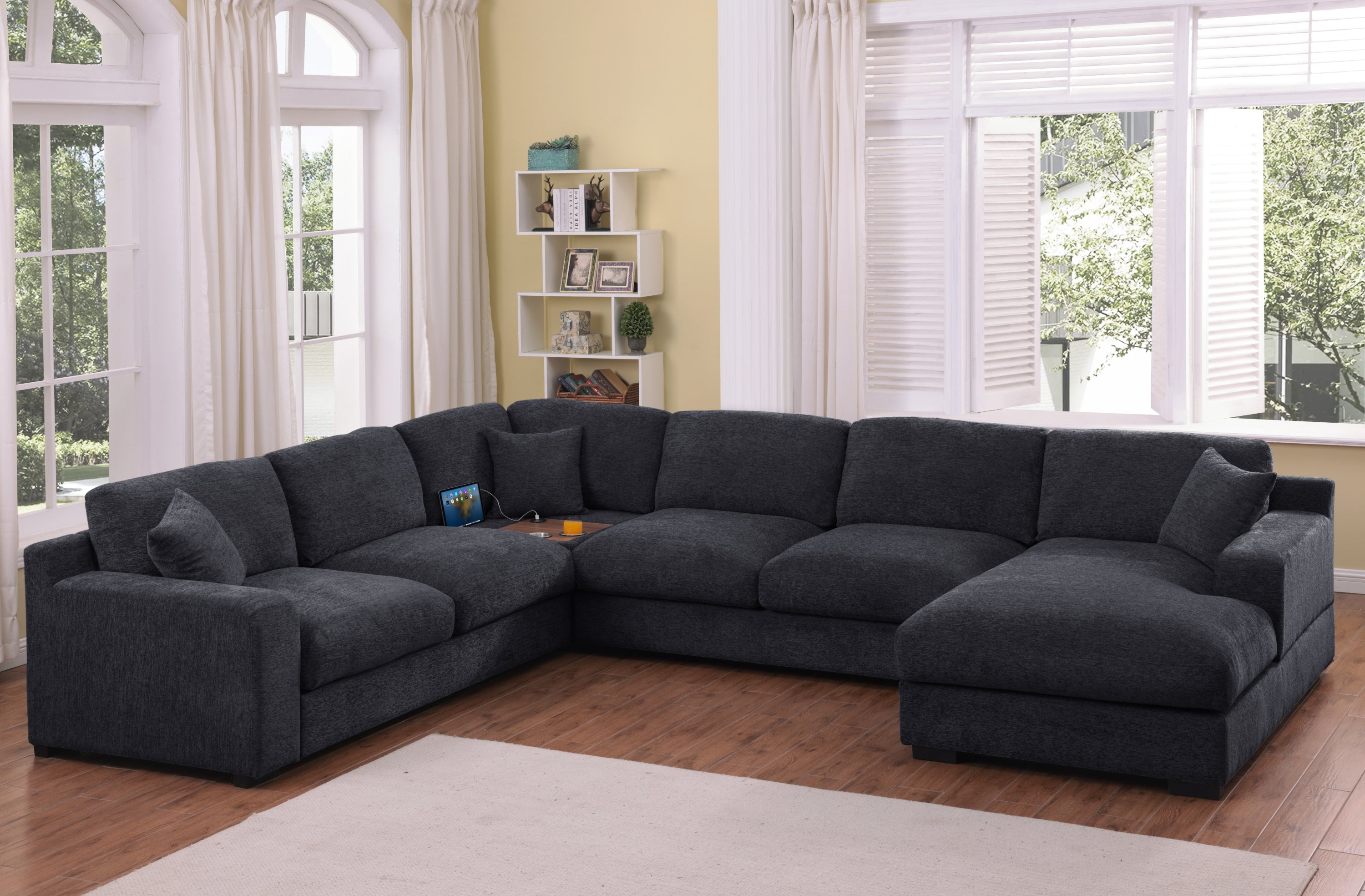 Celine Charcoal Chenille Sectional | Chaise, Cupholders, USB