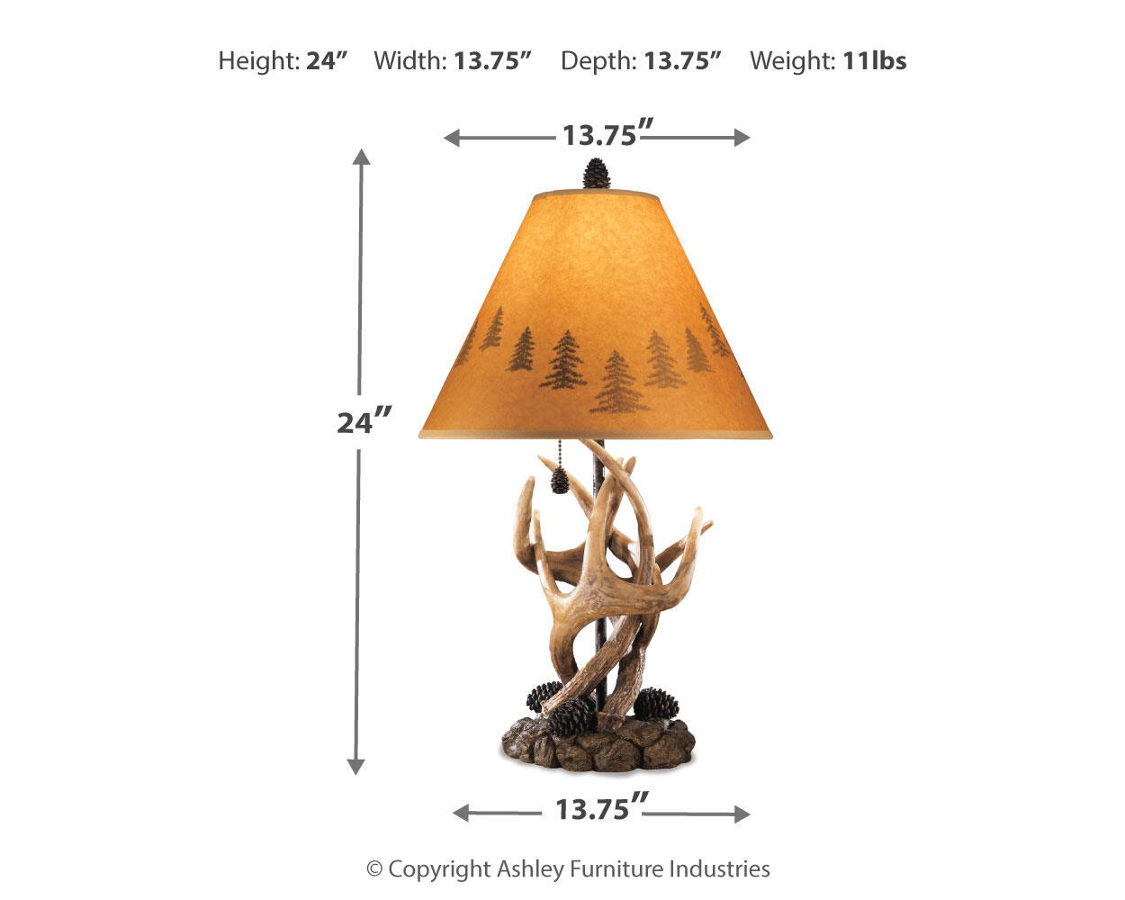 Table lamp with amber fabric shade, pine print, and antler resin base