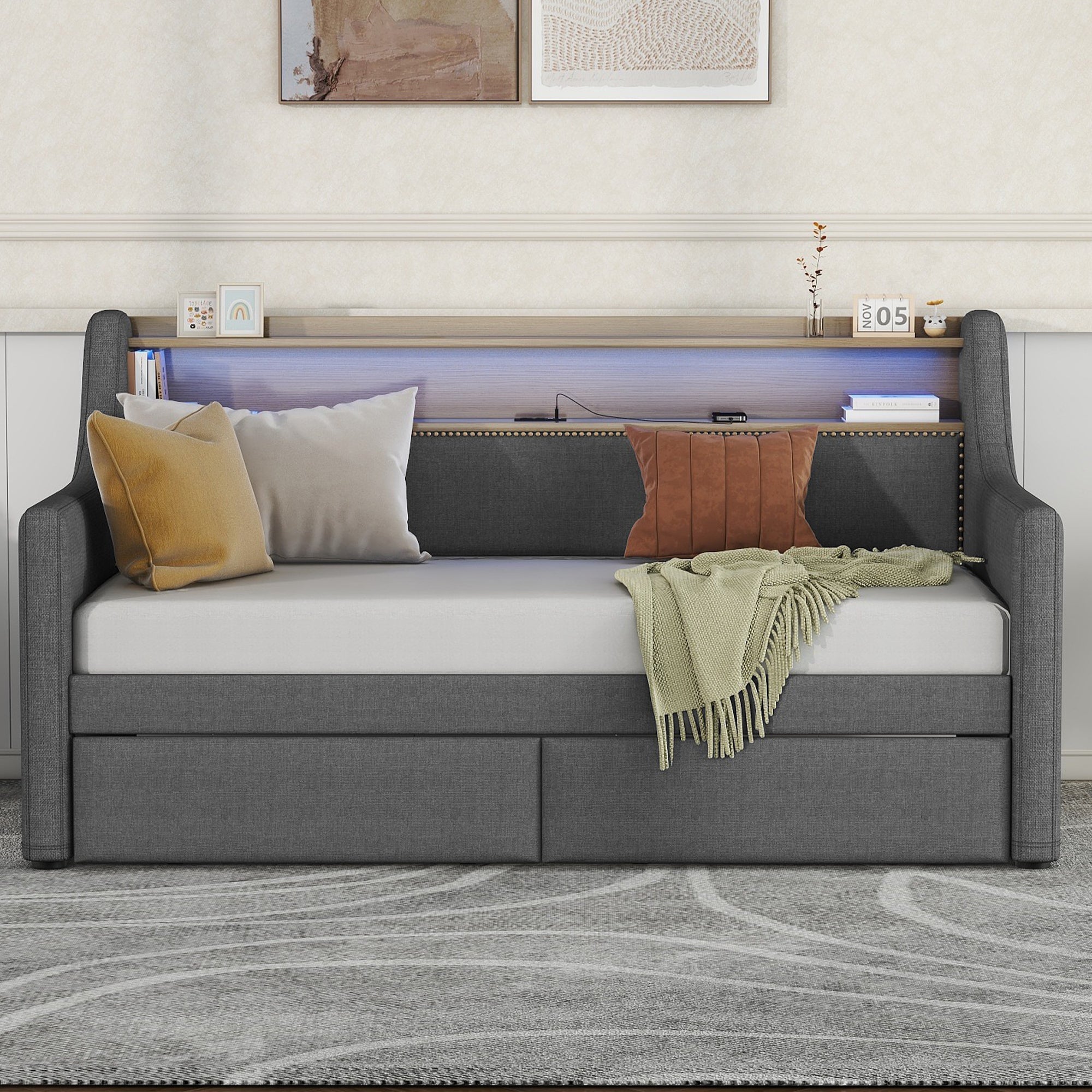 Gray Upholstered Twin Daybed w/ Storage & USB