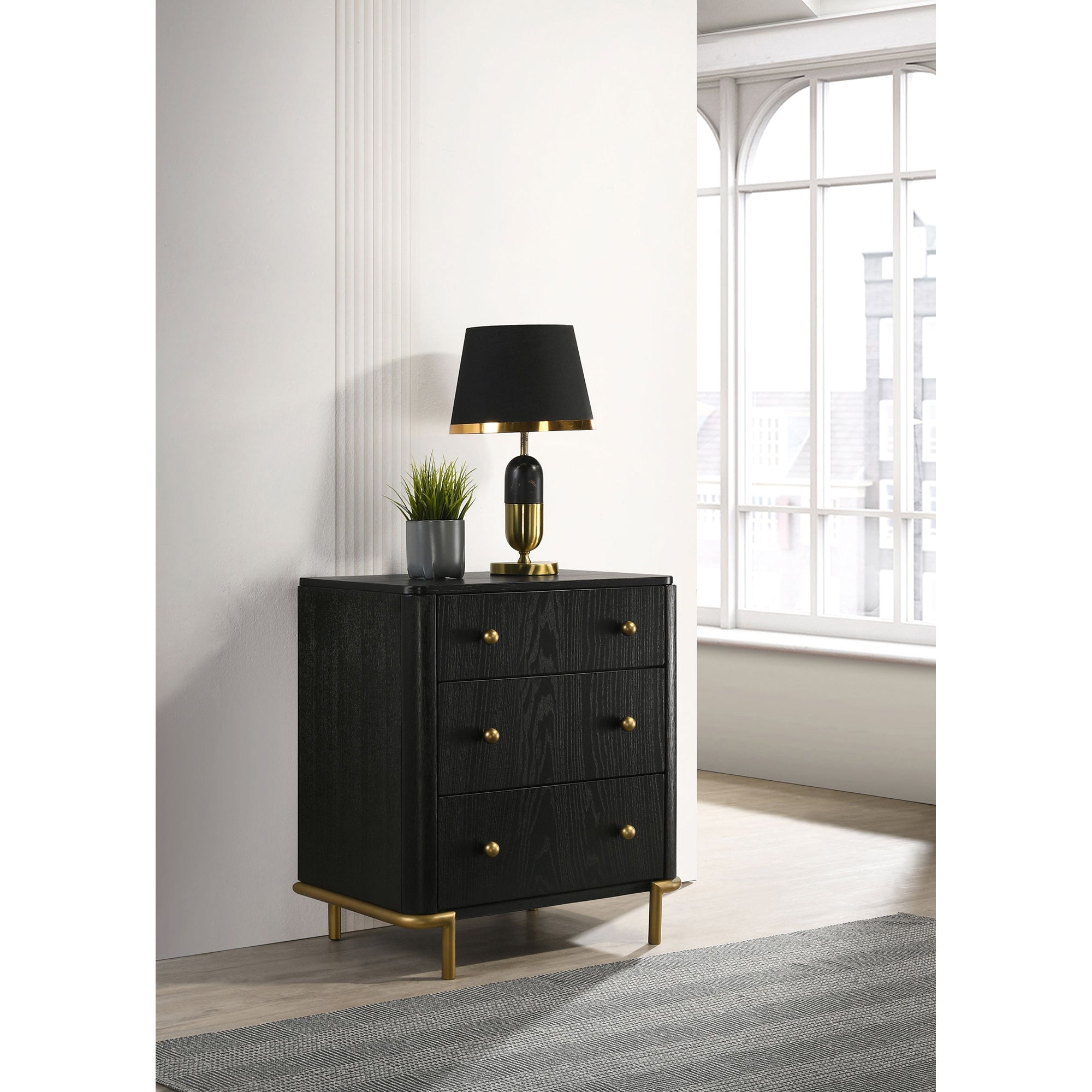 Anser Black 3-Drawer Nightstand: Stylish Bedroom Storage Solution