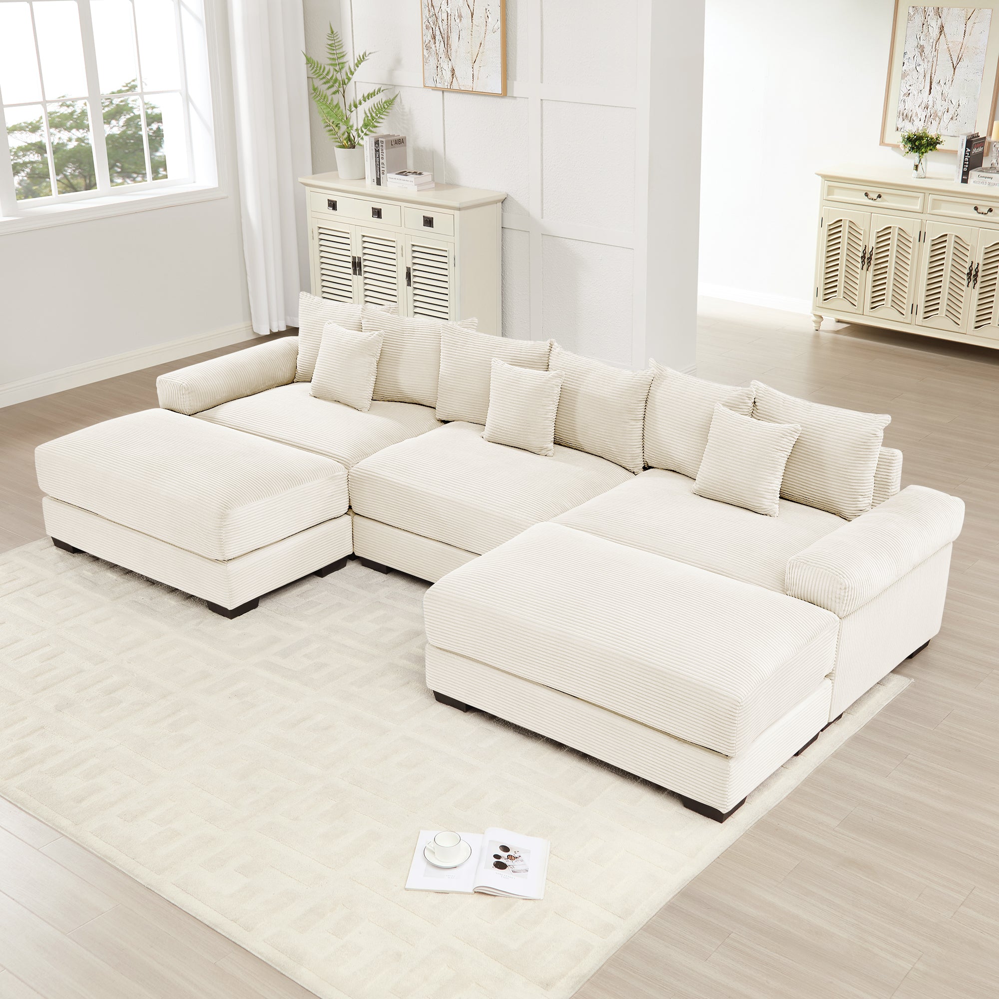 130' Oversized Cloud Modular Sectional Couch, Premium Corduroy Fabric,3-Seater Deep Seat Wide Armrests,With An Ottoman,Ergonomic Design,Easy Assembly For Lounges Living Room,Cream