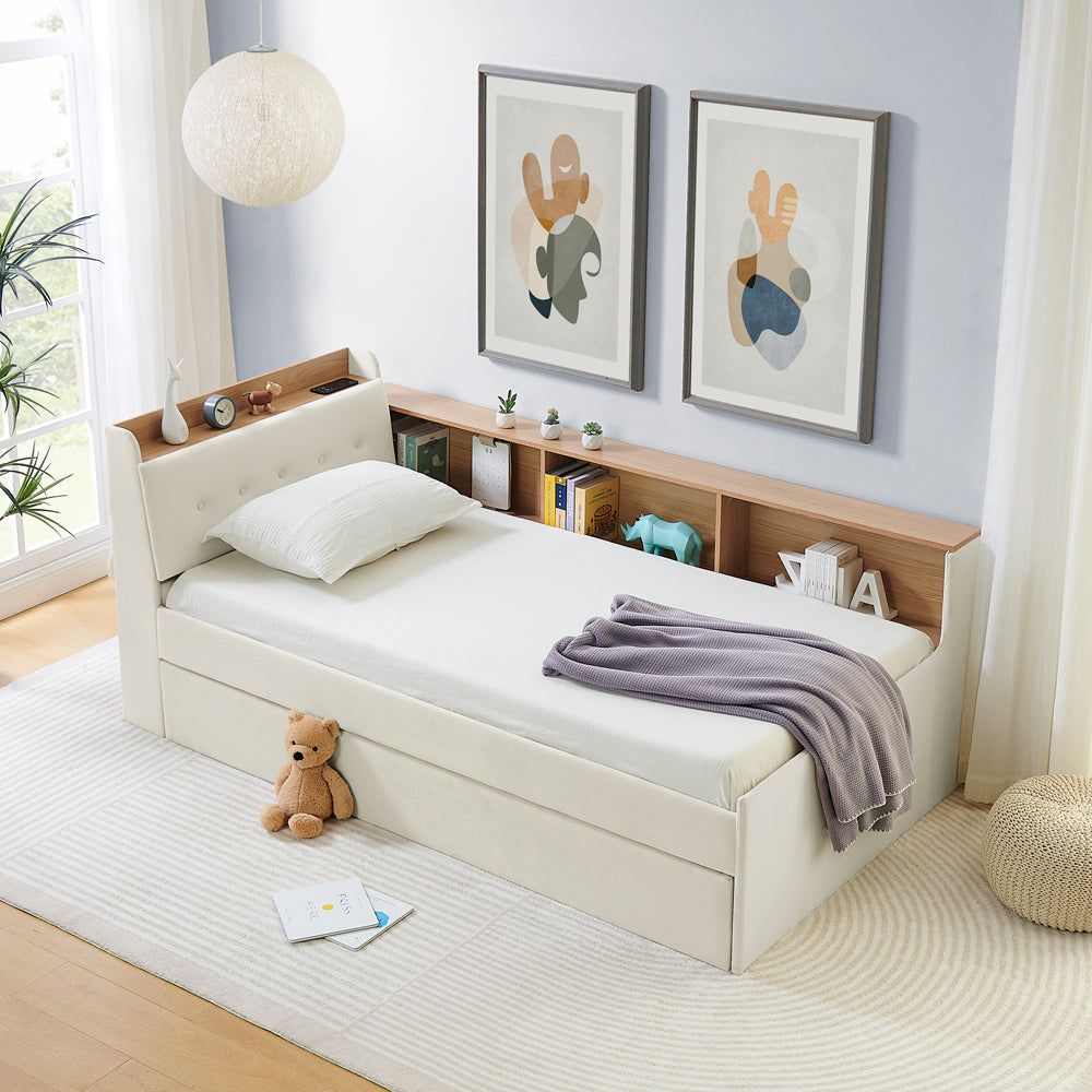 Twin Velvet Daybed: Trundle, Storage, Wireless, LED - Beige
