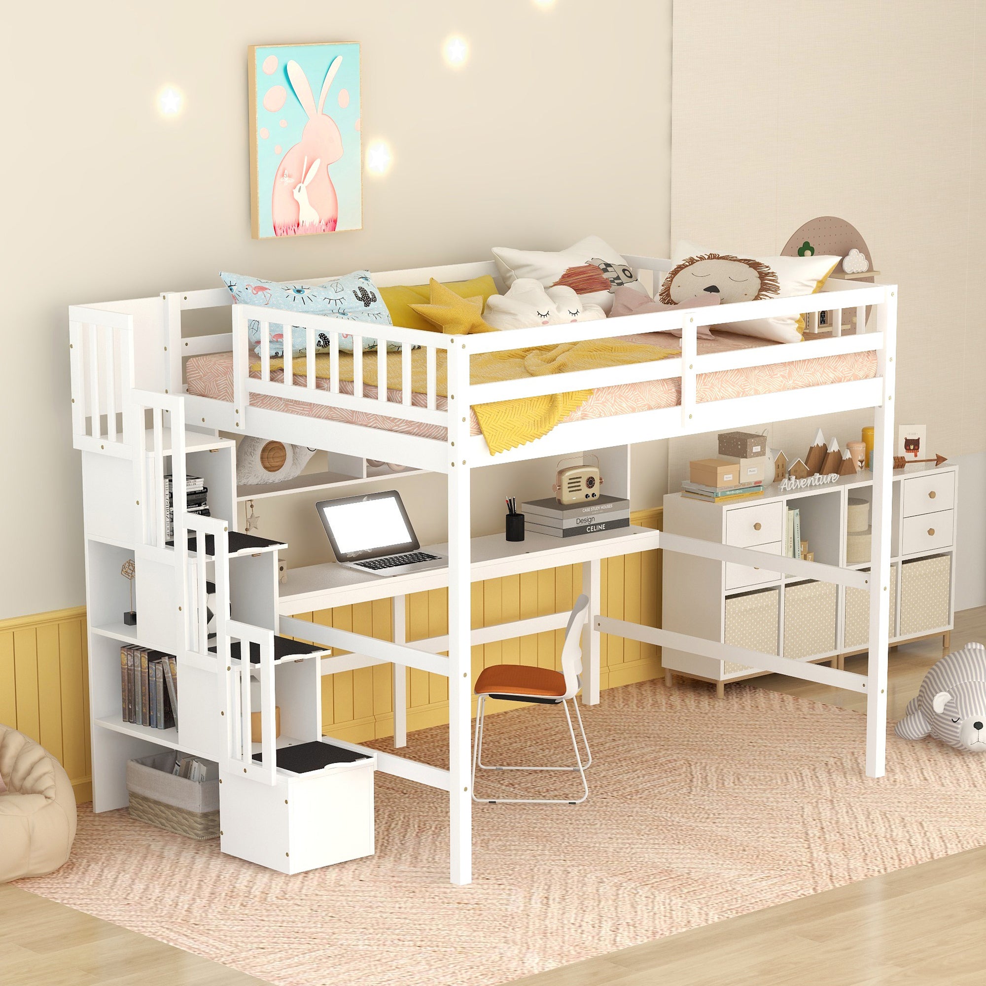 Full Size Loft Bed: Desk, Bookshelves, Storage Stairs - White