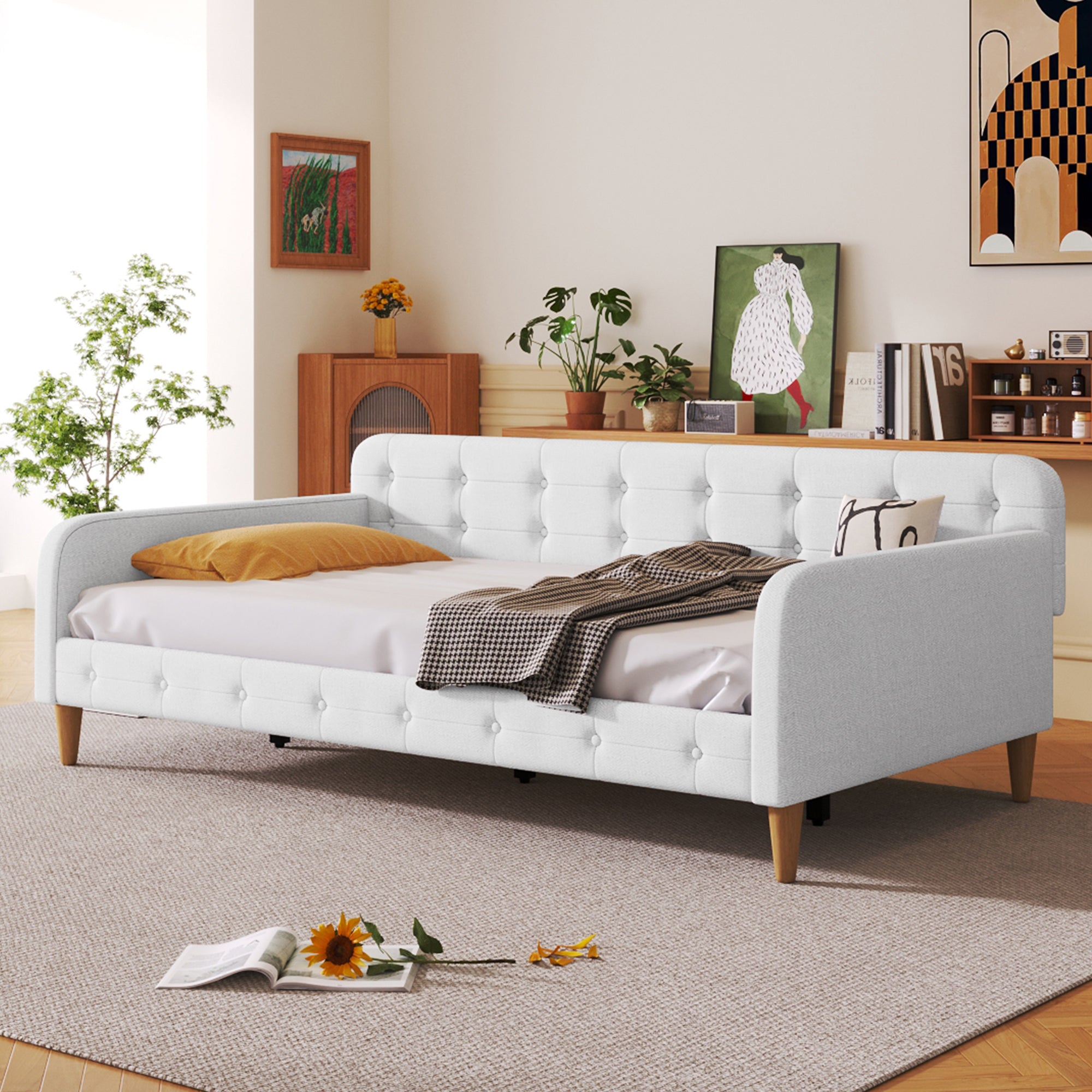 Twin Size Upholstered Daybed with 4 Support Legs - Beige