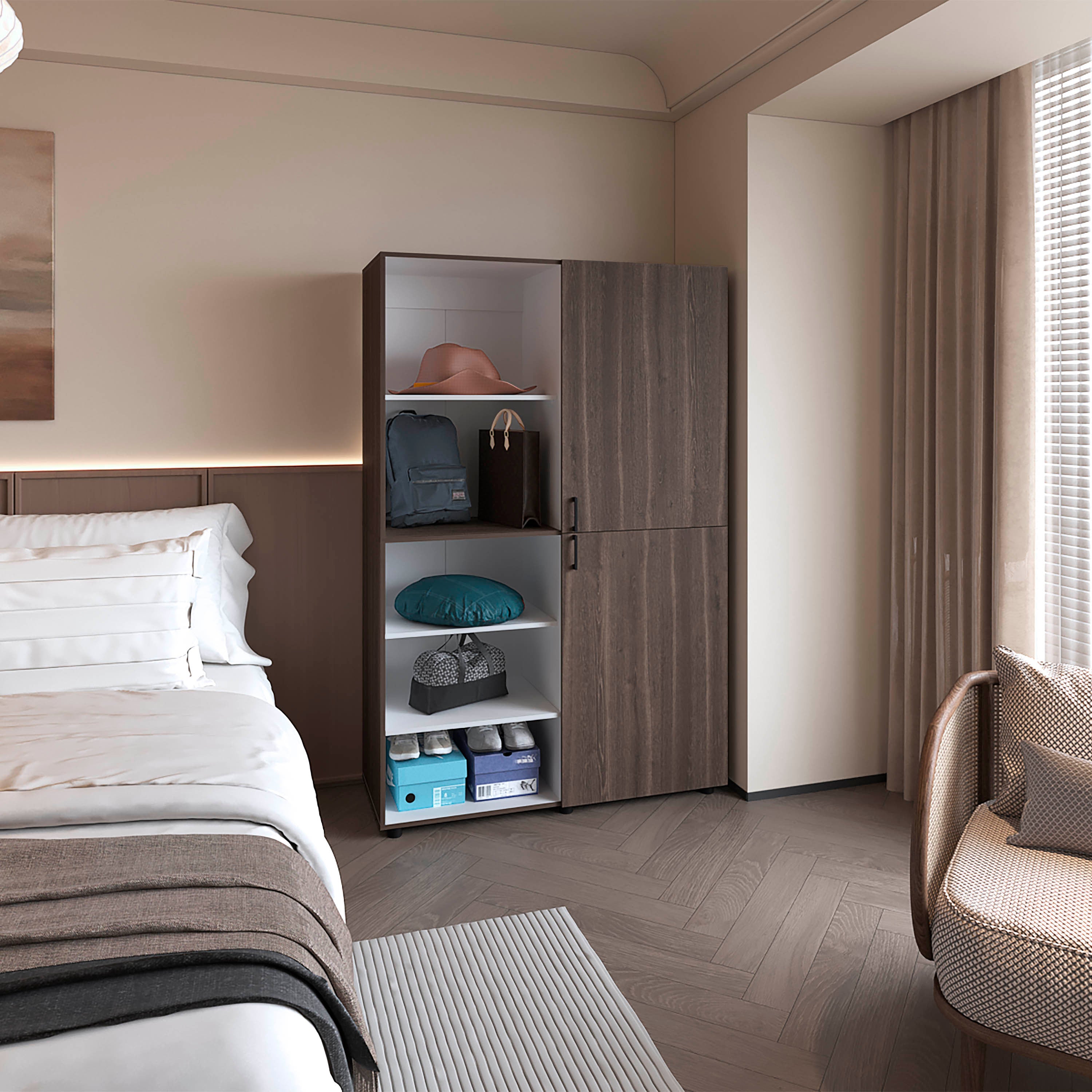 Ollie 2-Door Wardrobe: Open Storage - Grey Walnut White