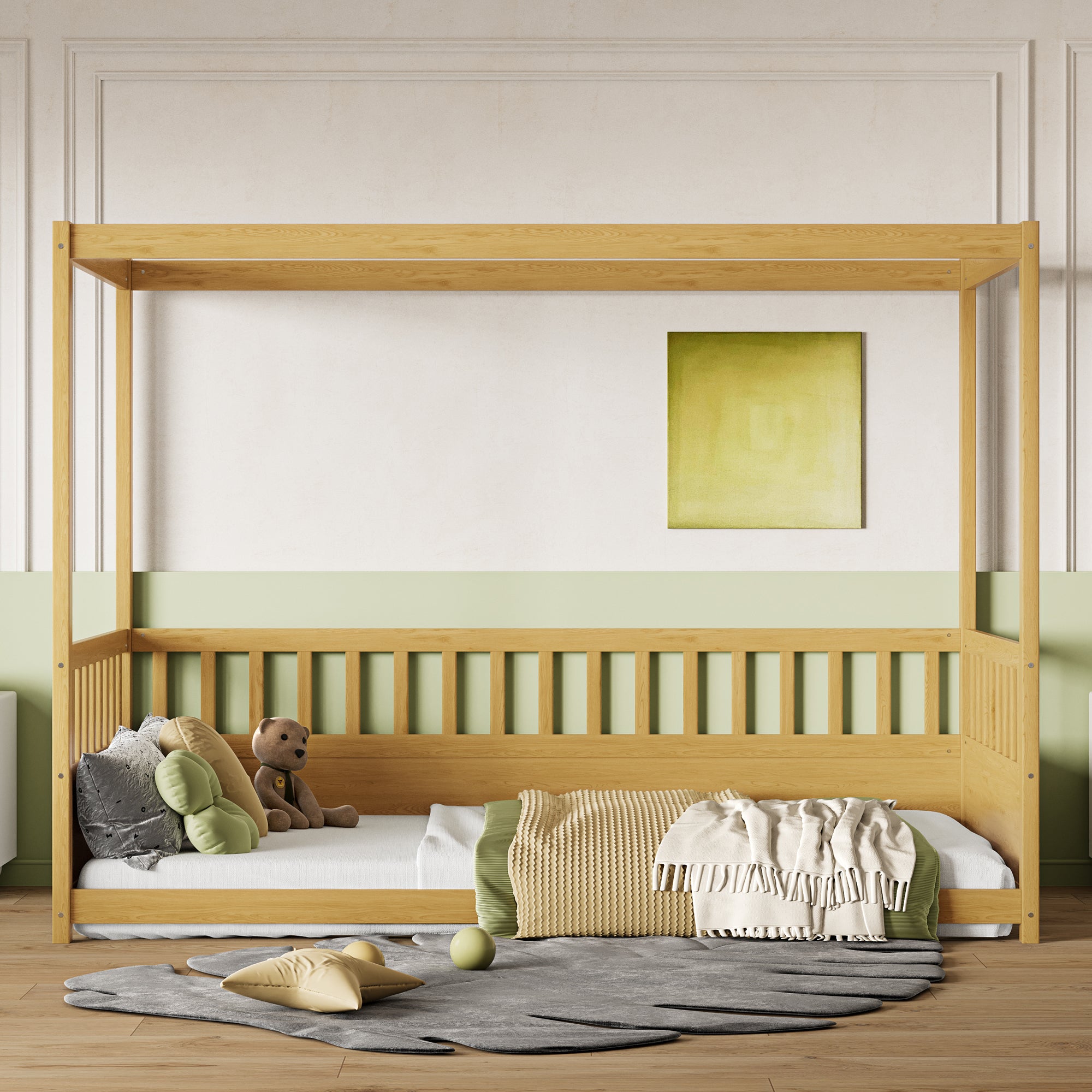 Twin Canopy Bed Frame with Guardrails for Kids