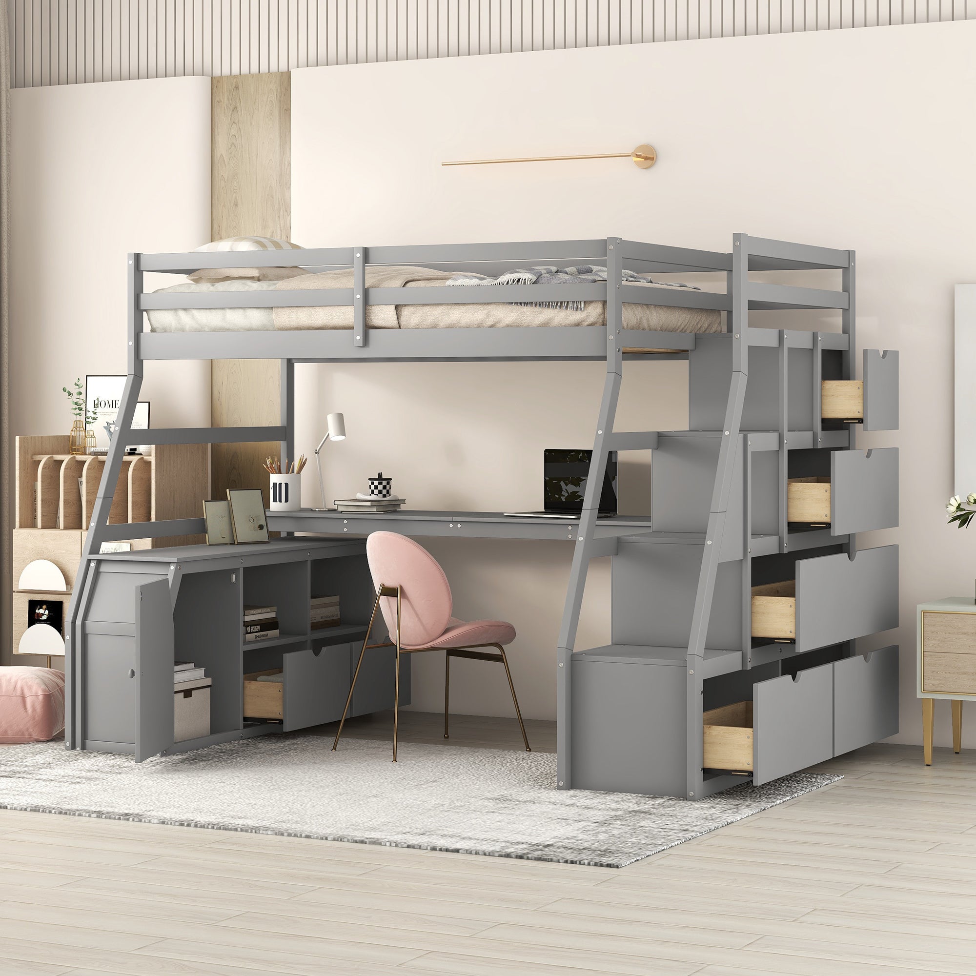 Gray Twin Loft Bed: Desk, 7 Drawers, 2 Shelves - Space Saving