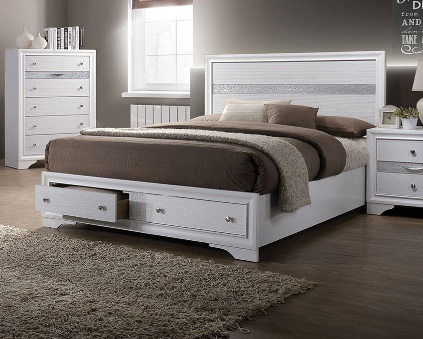 White Queen Bed w/ Drawers, Panel Headboard | Contemporary Furniture