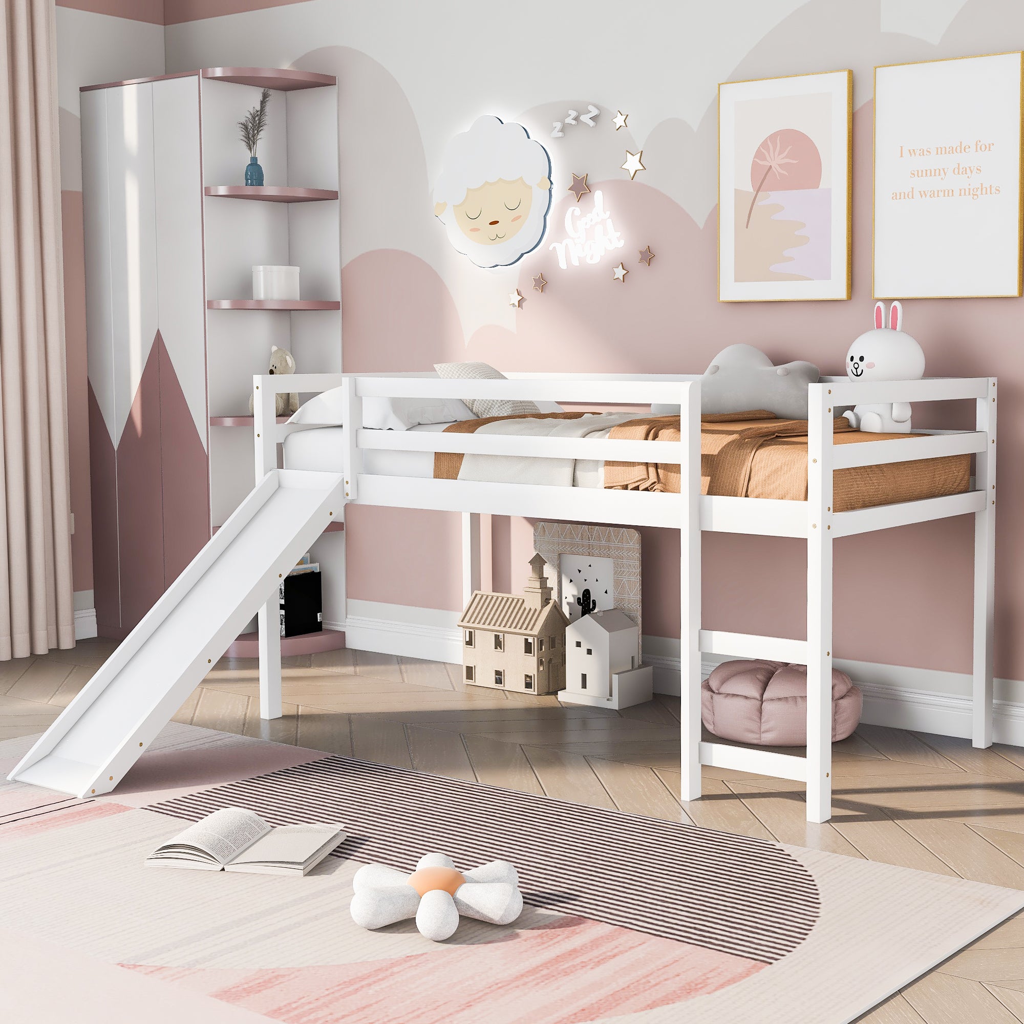 Twin Loft Bed with Slide - White, Multifunctional Kids Bunk