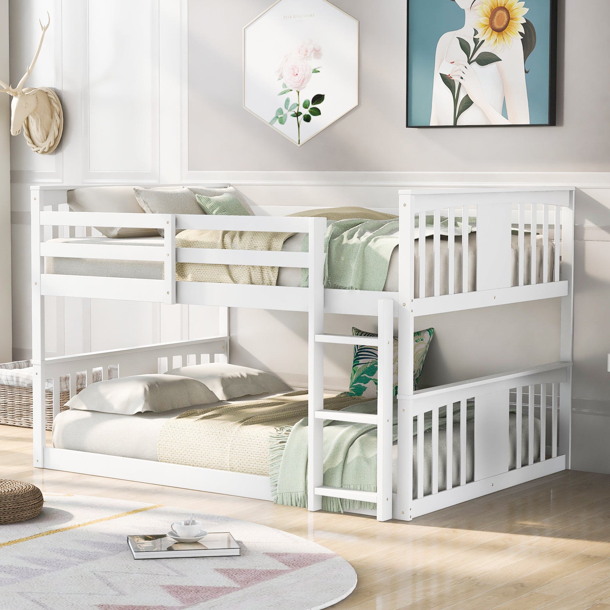 White Full Over Full Bunk Bed with Ladder for Kids & Teens
