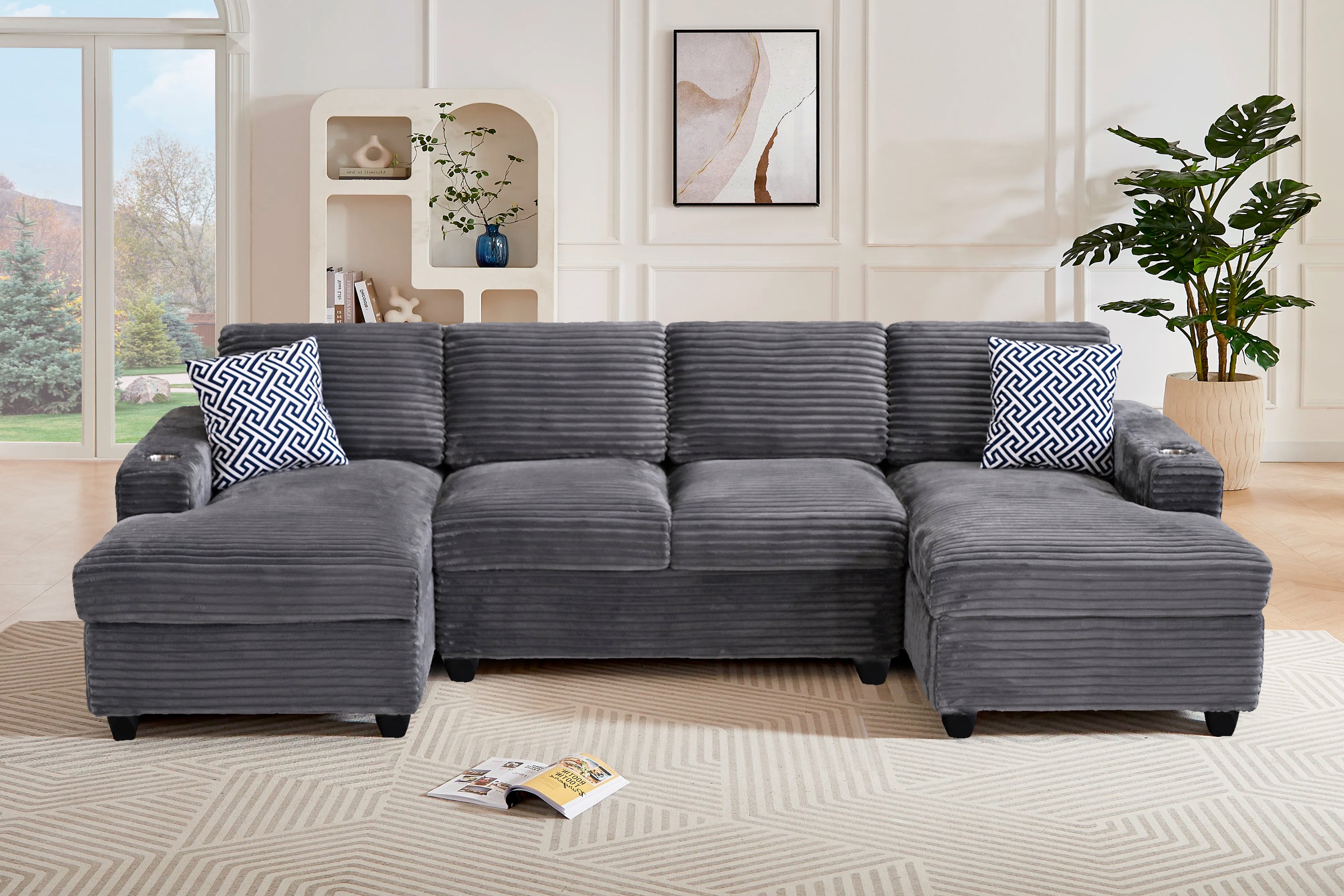 Modular L-Shaped Corduroy Sectional Sofa w/ Cup Holders & Chaises