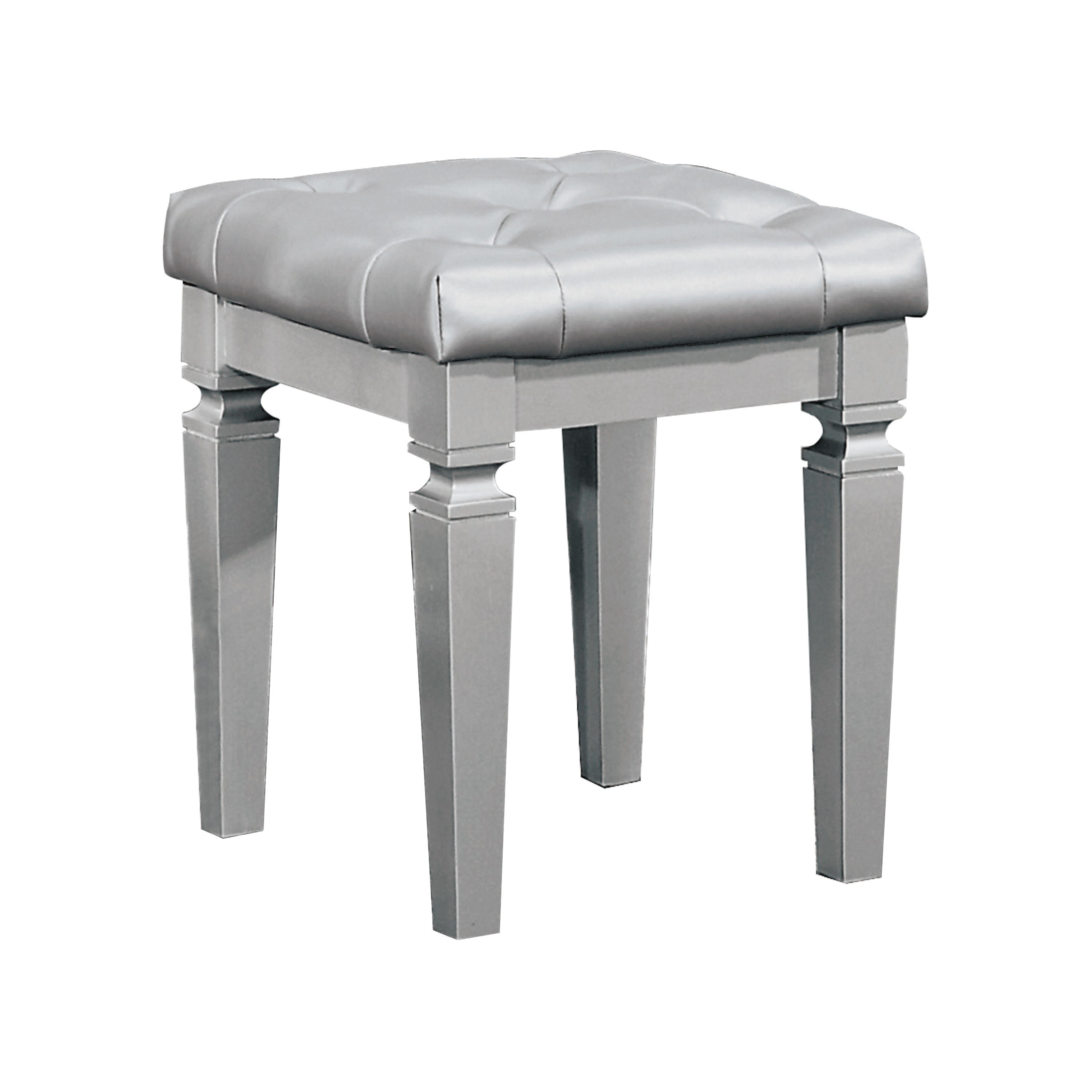 Modern Glam Vanity Stool: Luxury Silver Faux Leather Tufted