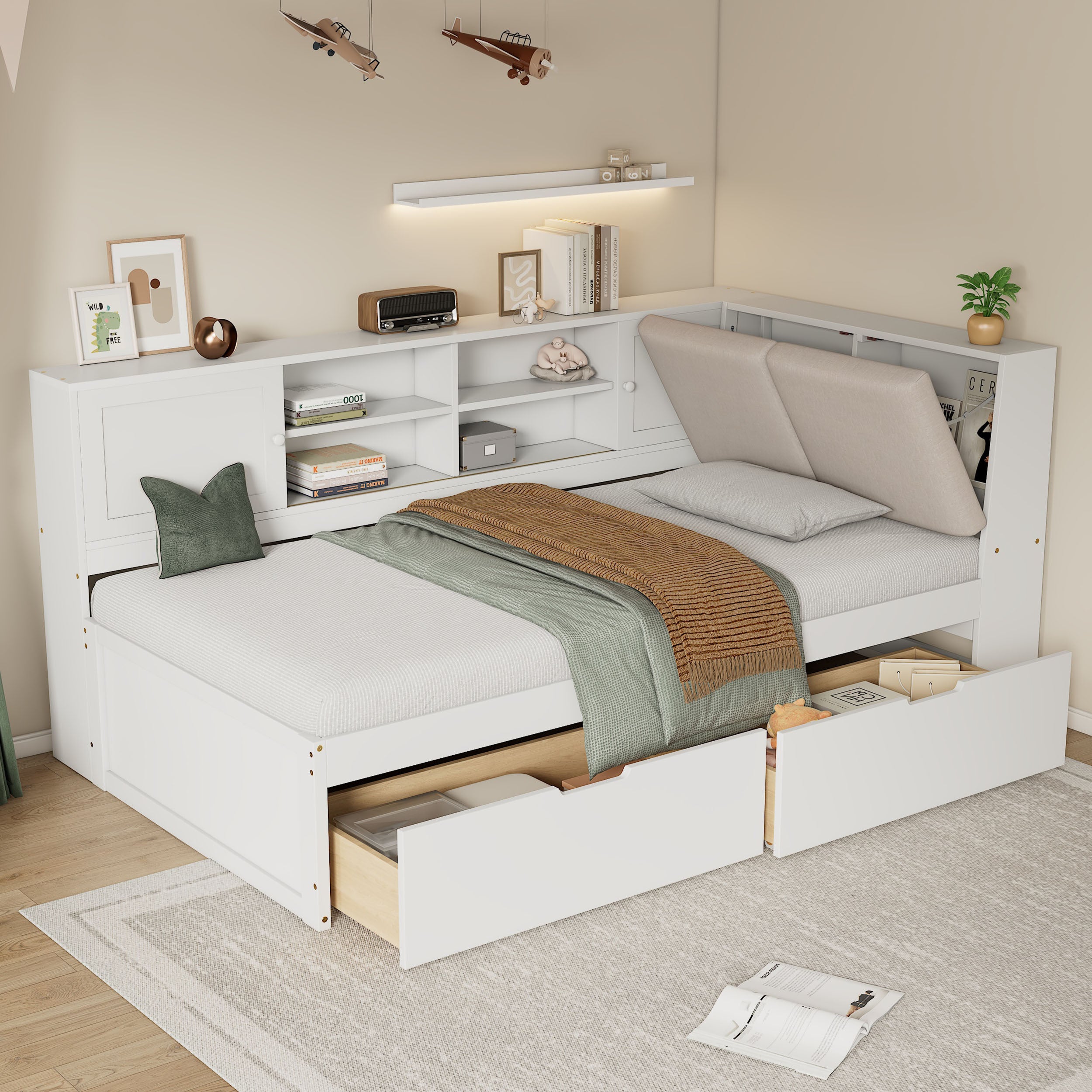White Twin L-Shaped Daybed: Storage, USB & Bookcase for Small Spaces