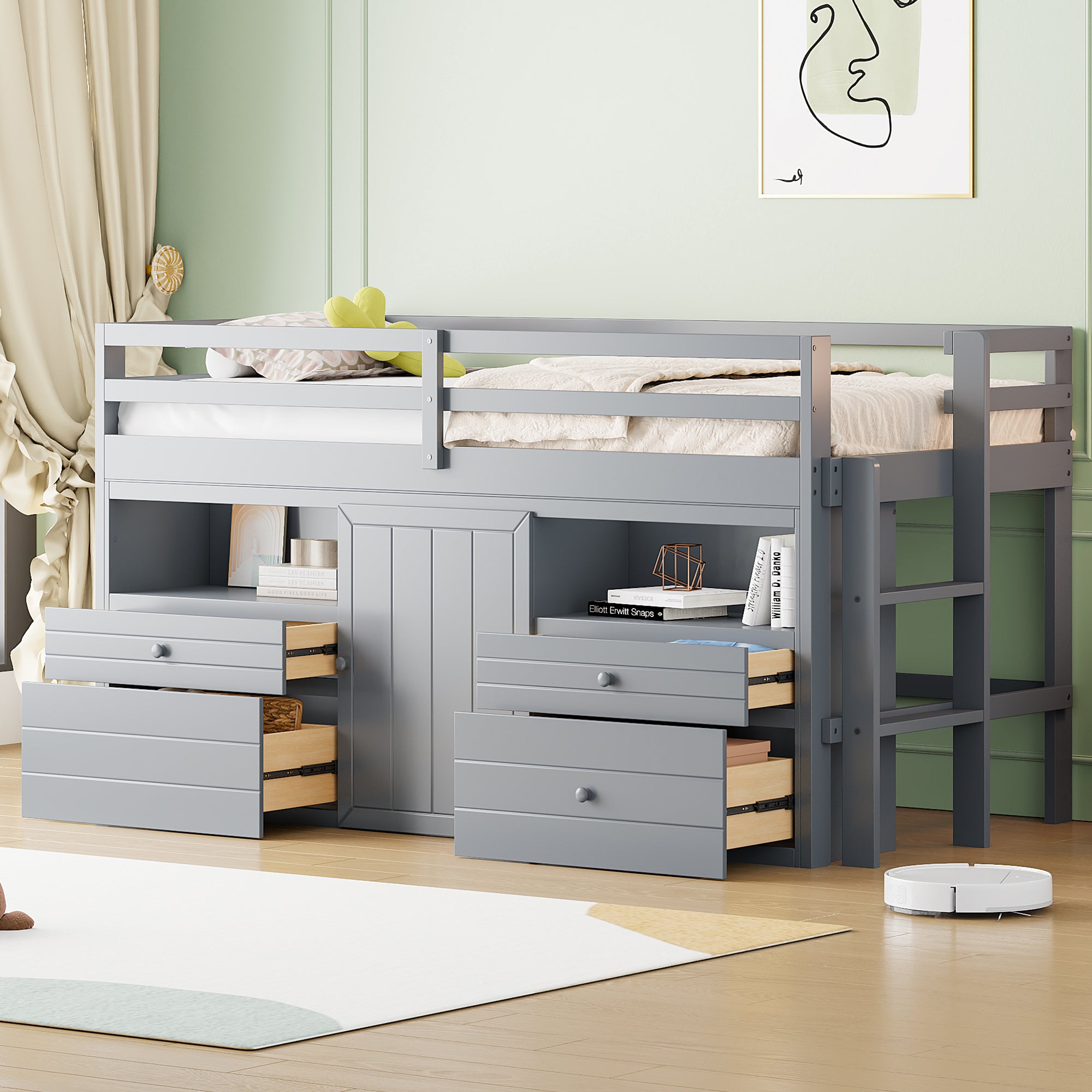 Gray Twin Loft Bed with Storage: Drawers, Cabinet, Shelves