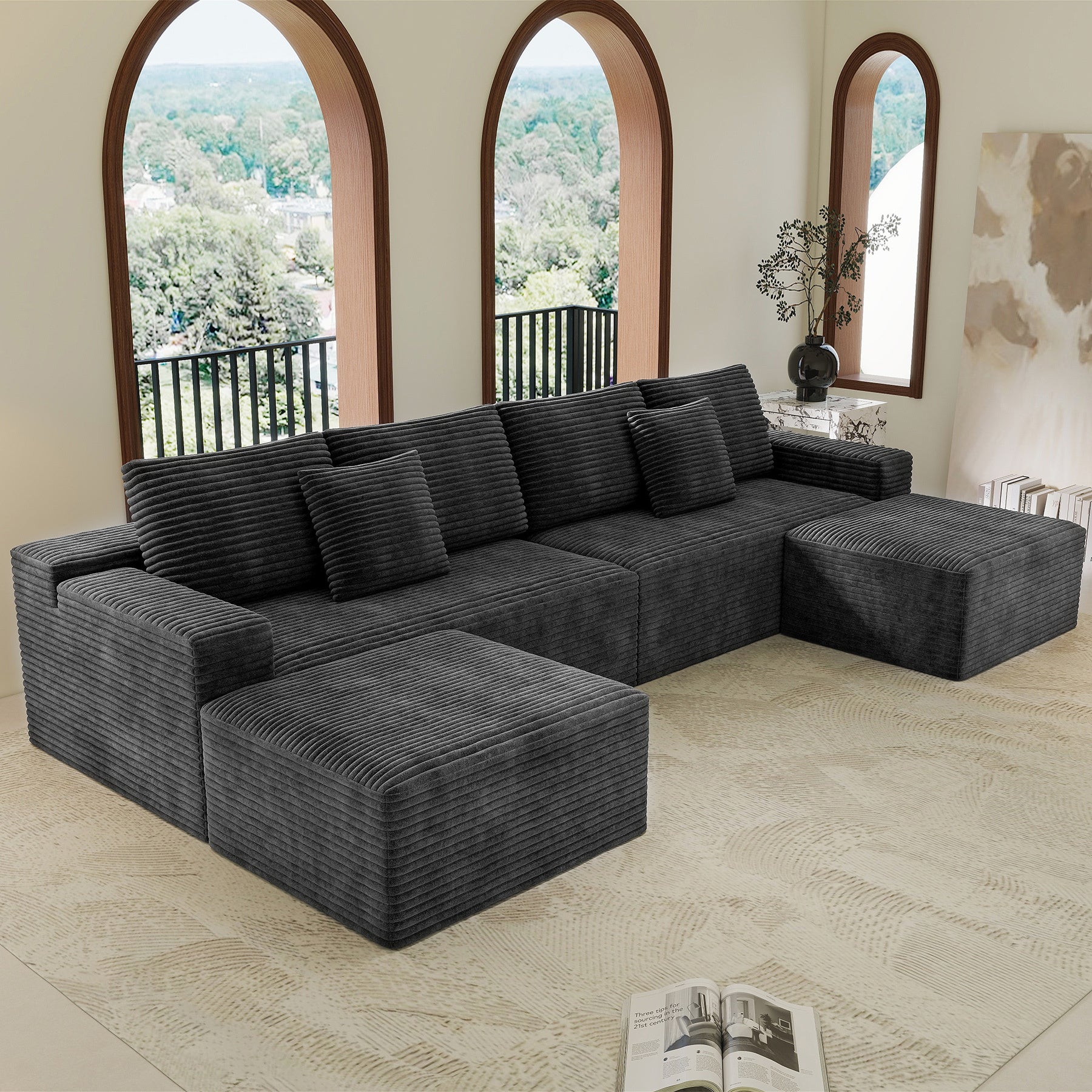 Modular Sectional Sofa - Grey Corduroy, No Assembly