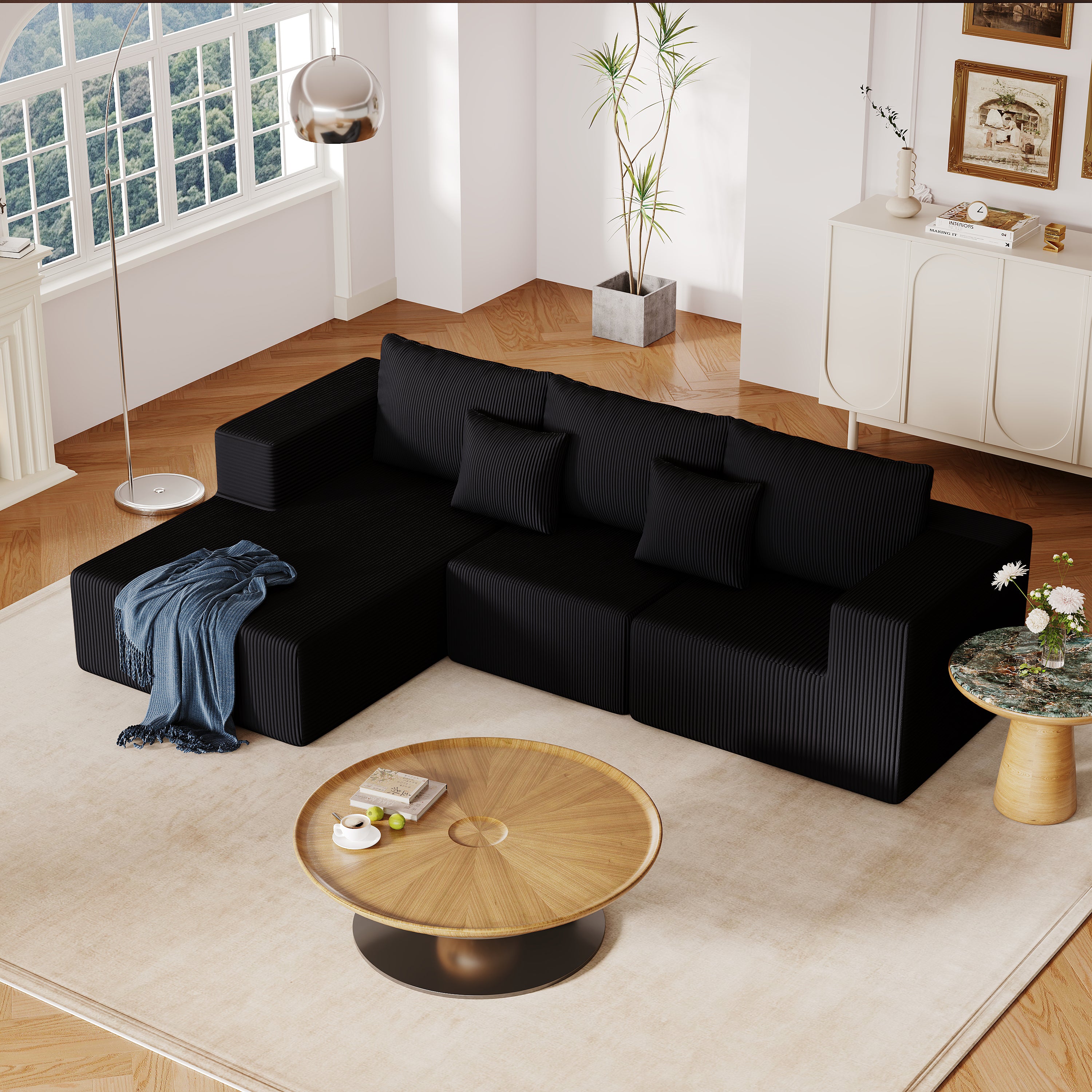 Black Corduroy Sectional Couch: L-Shape Modular Foam Sofa